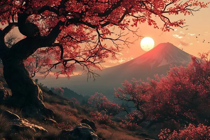 Art wallpaper of modern wave with red sun and mount fuji
