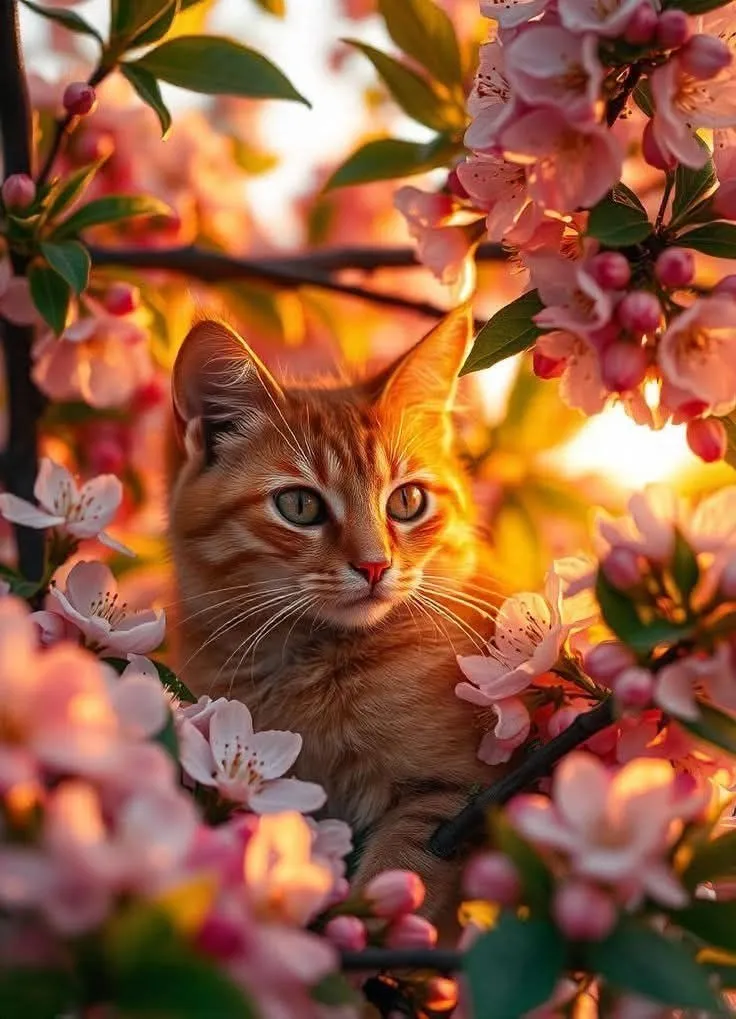 Bengal Cat Sitting on Red Petals Under Camellia Flowers HD