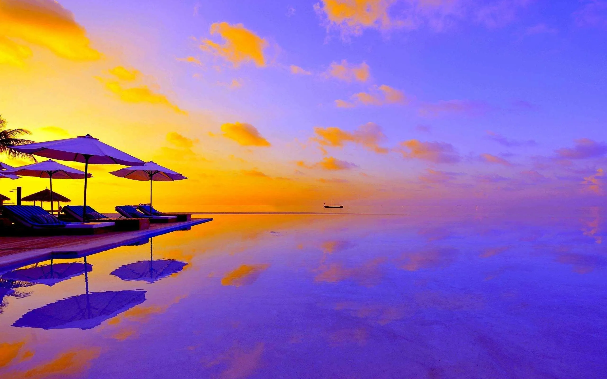 Bright Purple and Orange Sunset Sky over Beach Umbrellas