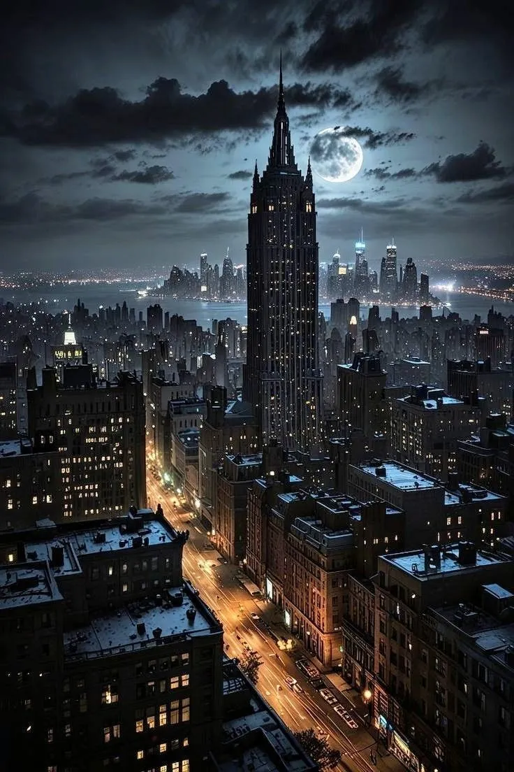City lights under dark night Sky with Crescent Moon HD