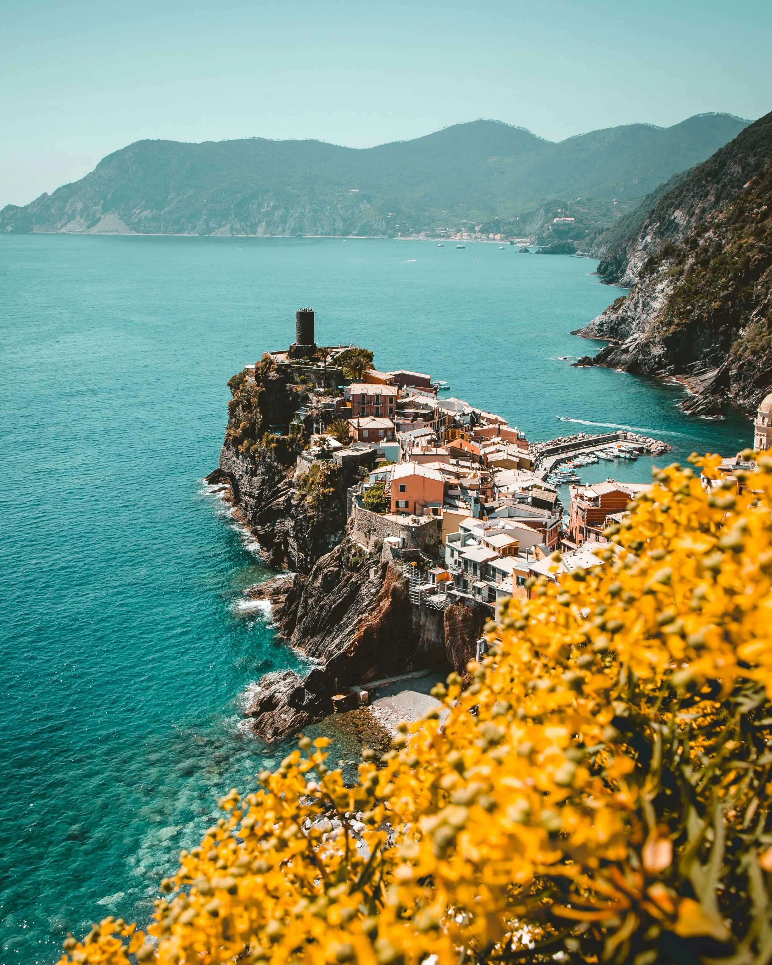 Colorful Cliffside Village with Yellow Flowers Wallpaper