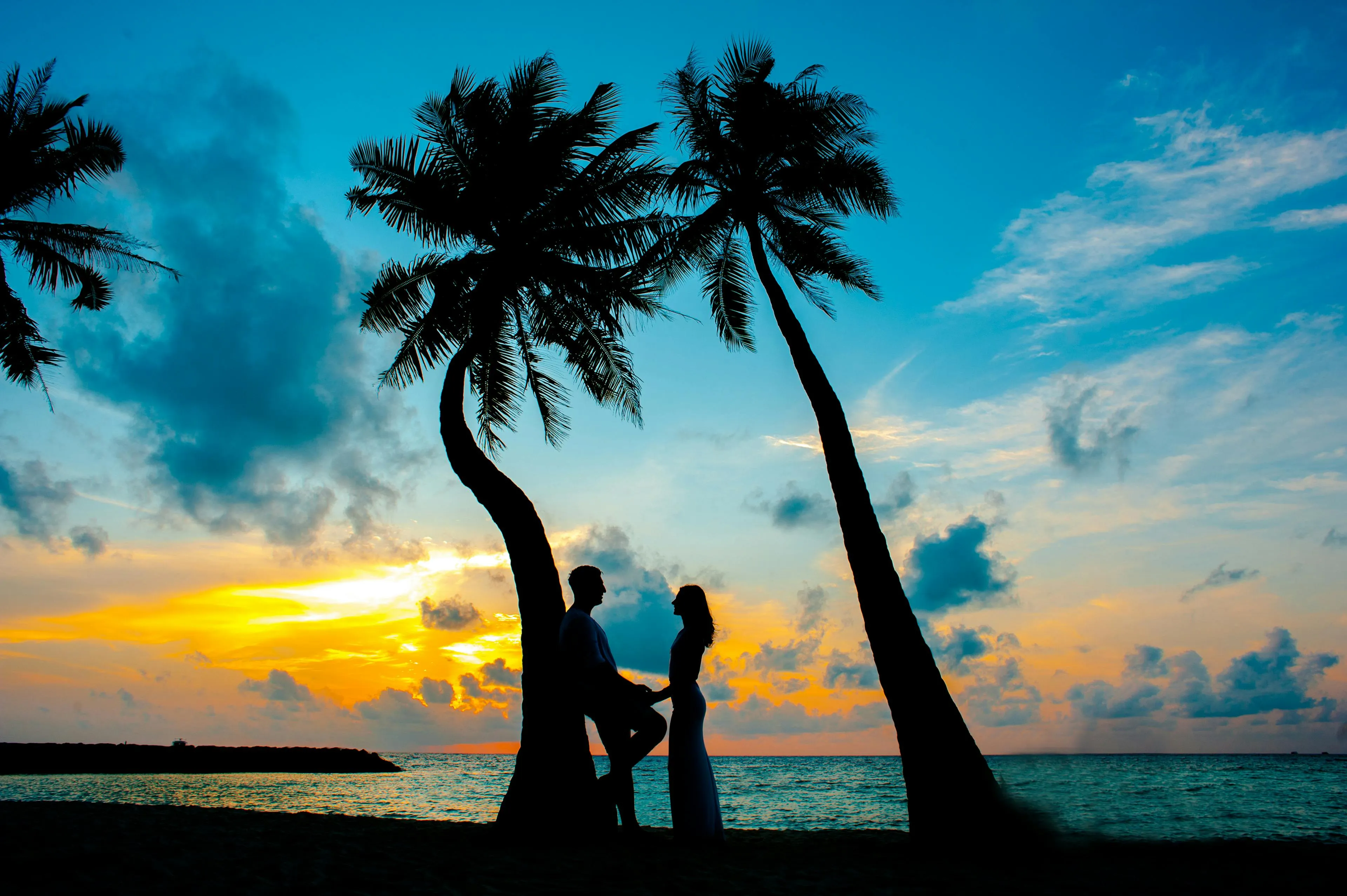 Couple Silhouetted Under Palm Trees at a Beautiful Sunset