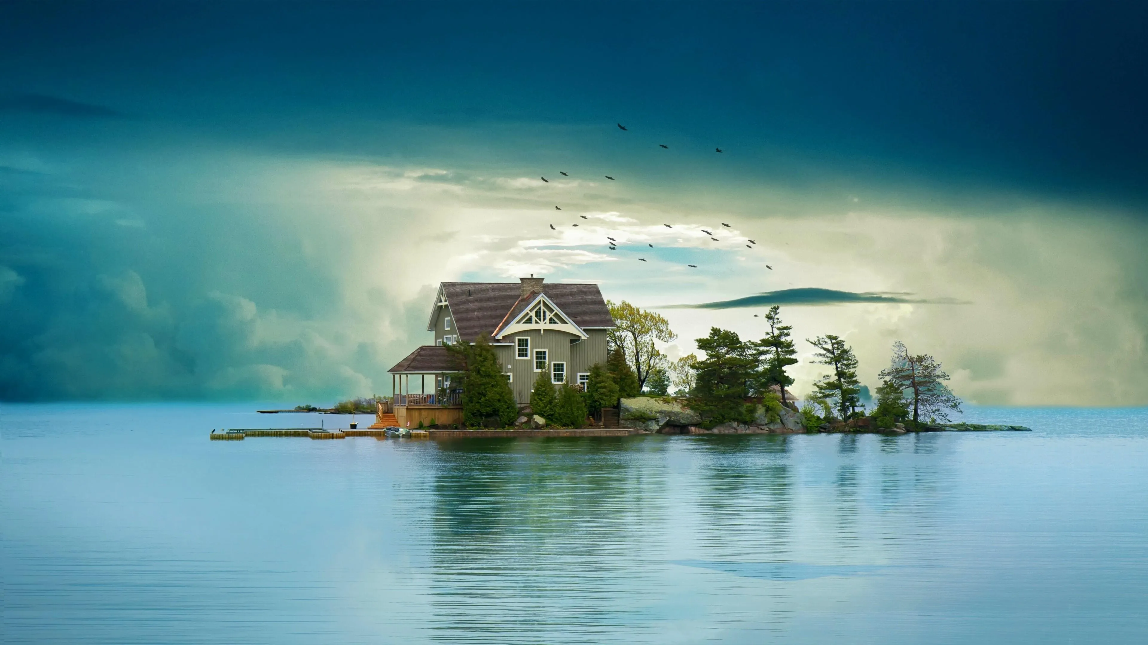 Cozy House on Small Island Surrounded by Calm Blue Water