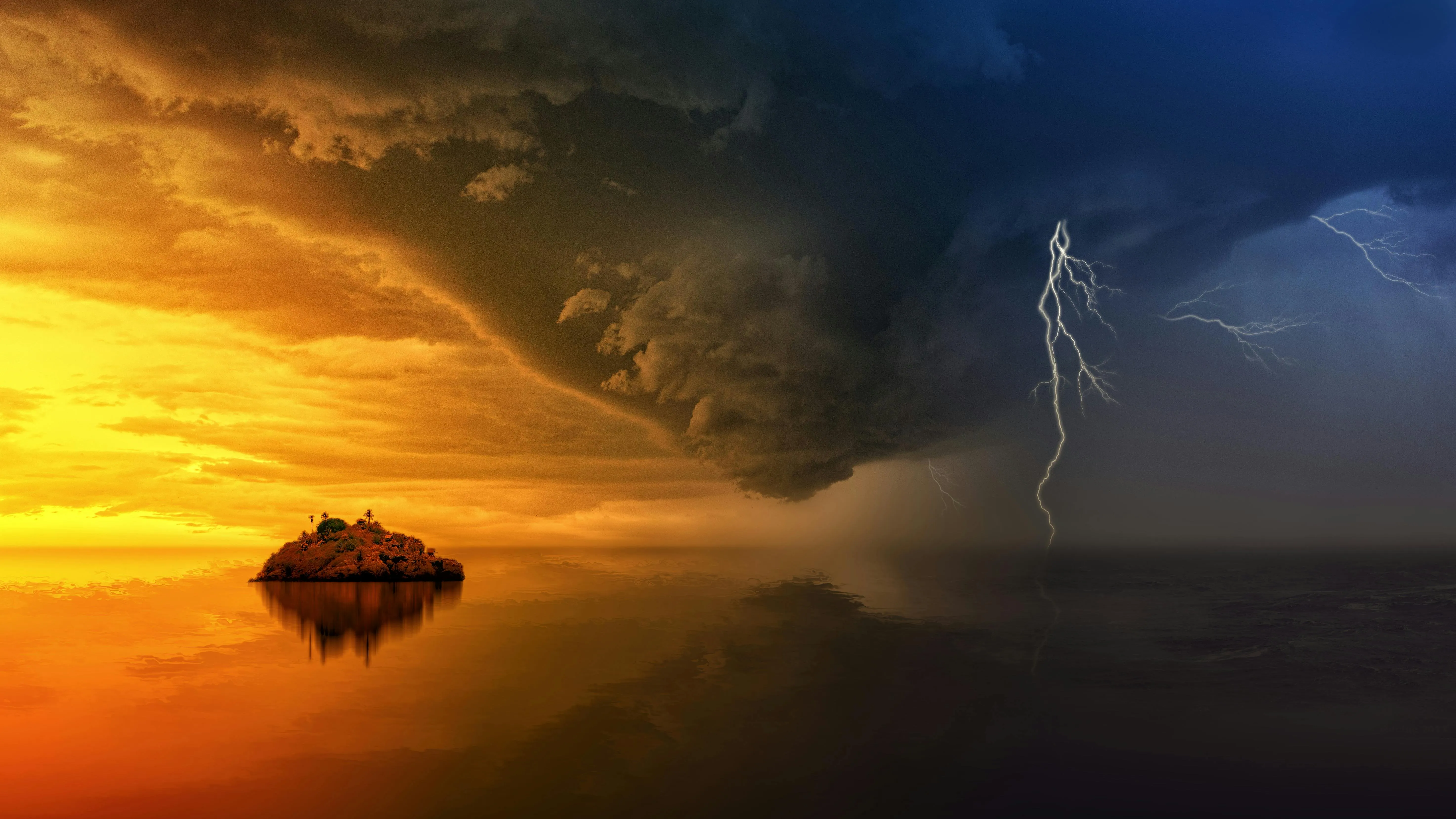 Dramatic Sunset with Lightning over a Small Rocky Island