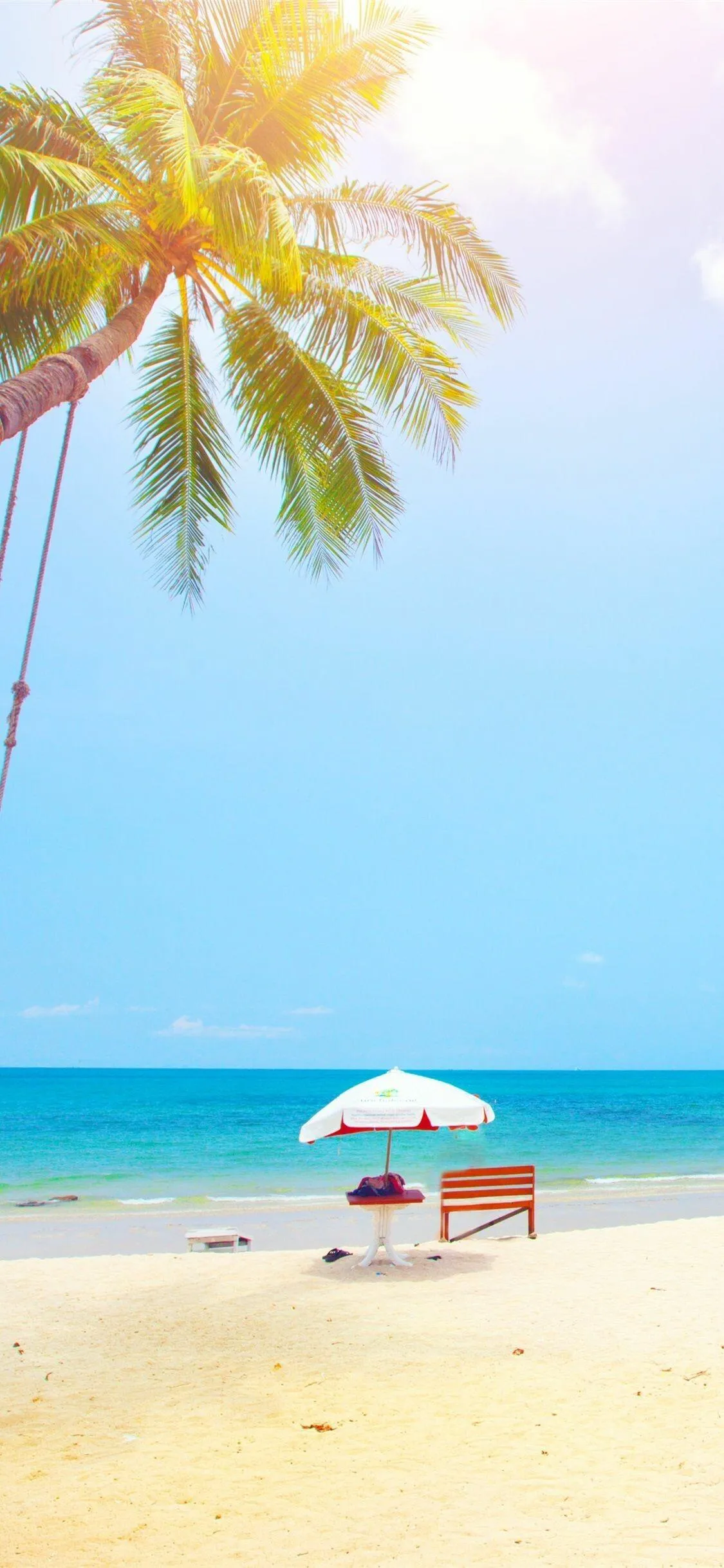 Empty Beach with an Umbrella and Palm Trees Free Wallpaper