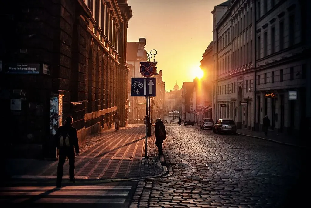 High quality charming European street view with sunset reflection