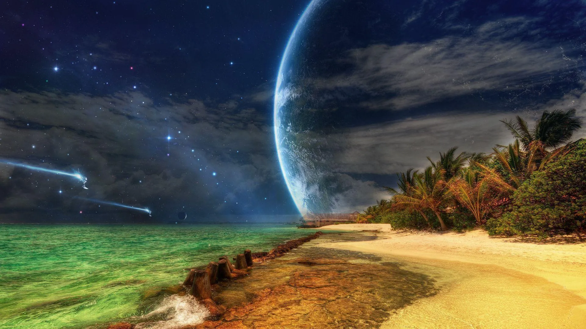 Fantasy Beach Scene with Glowing Sky and Planets Wallpaper