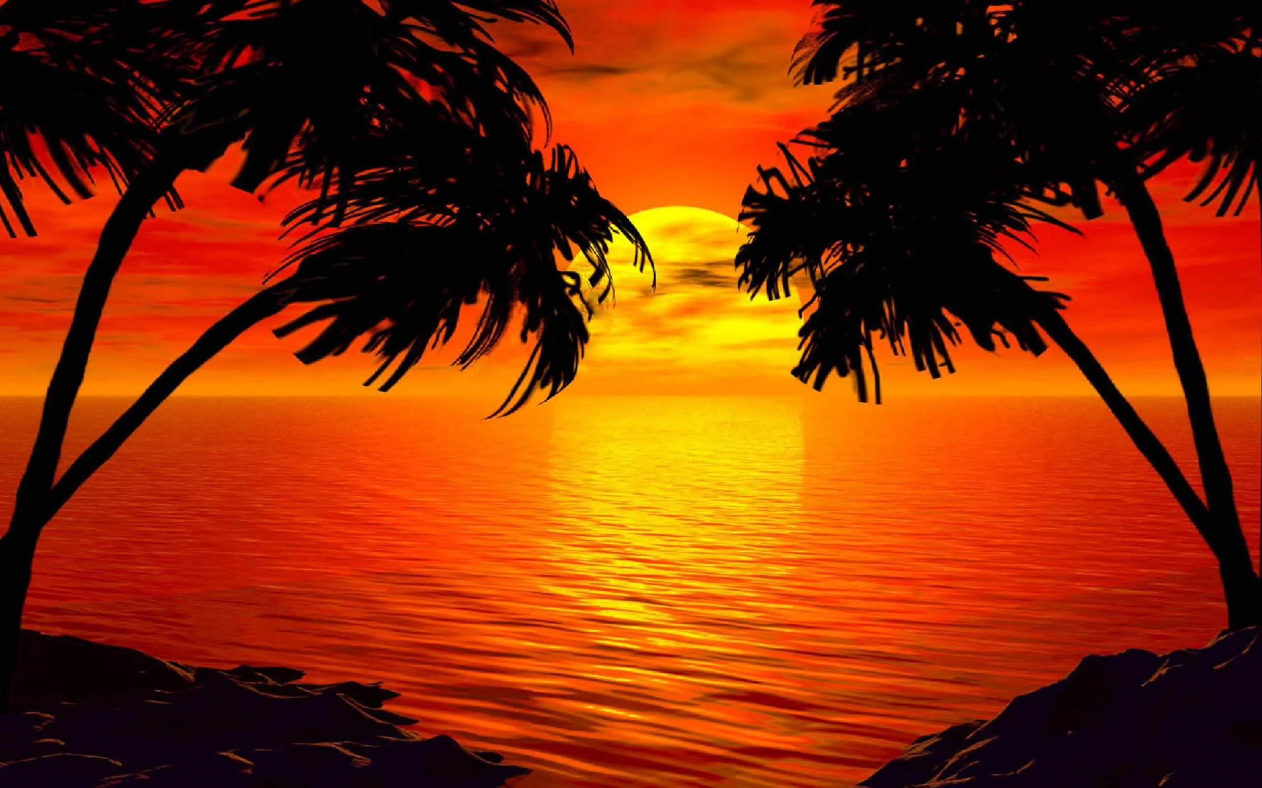 Fiery Tropical Sunset with Palm Tree Silhouettes Wallpaper