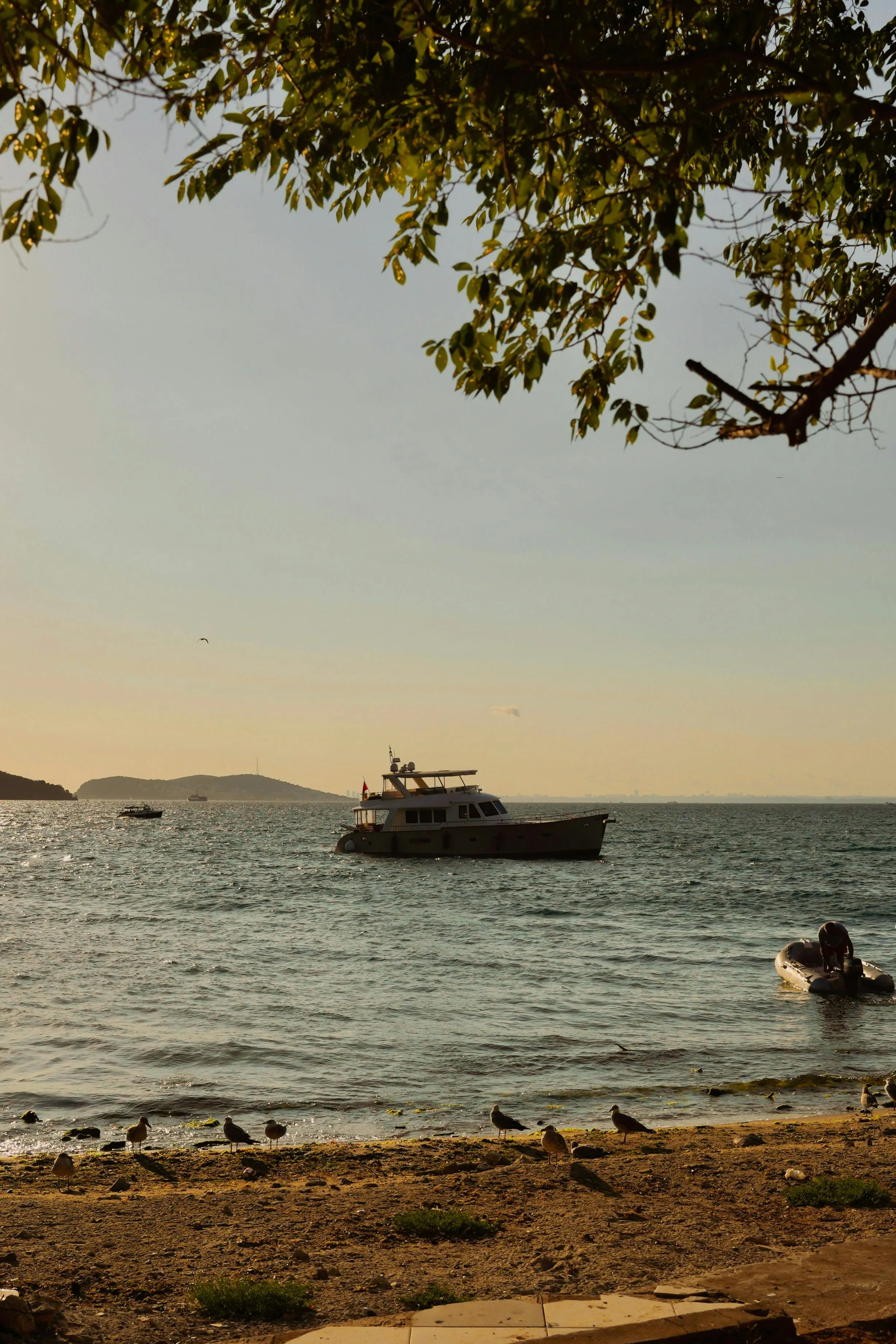 Fishing Boats in the Sea at a Warm Golden Sunset Light