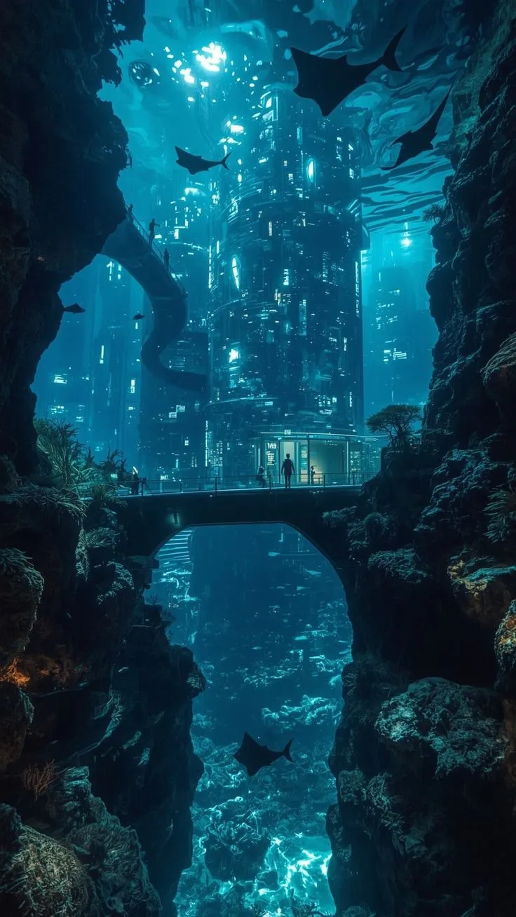 Futuristic Underwater City with Glowing Corals free image