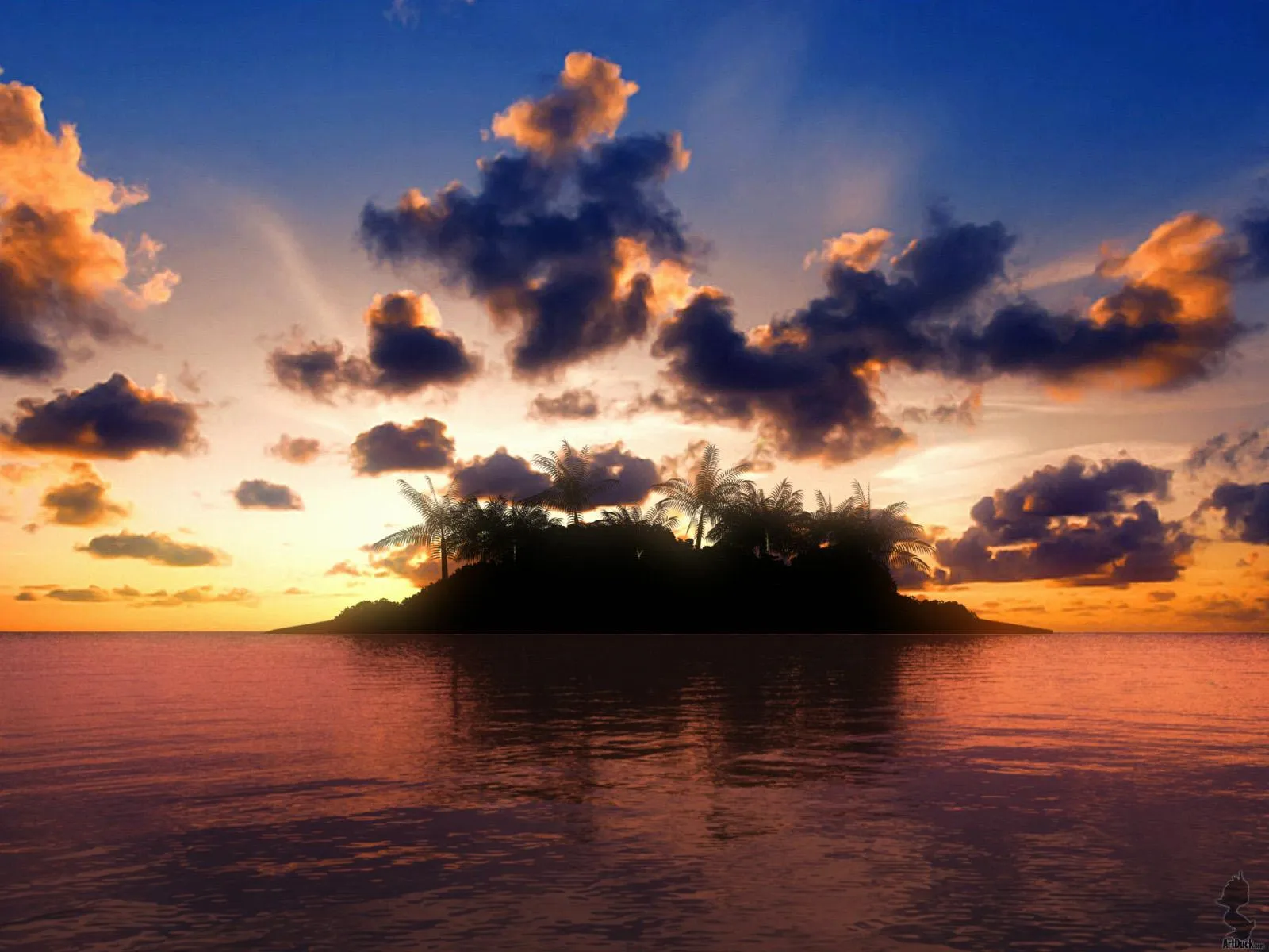 Glowing Sunset Behind a Small Island with Dramatic Clouds