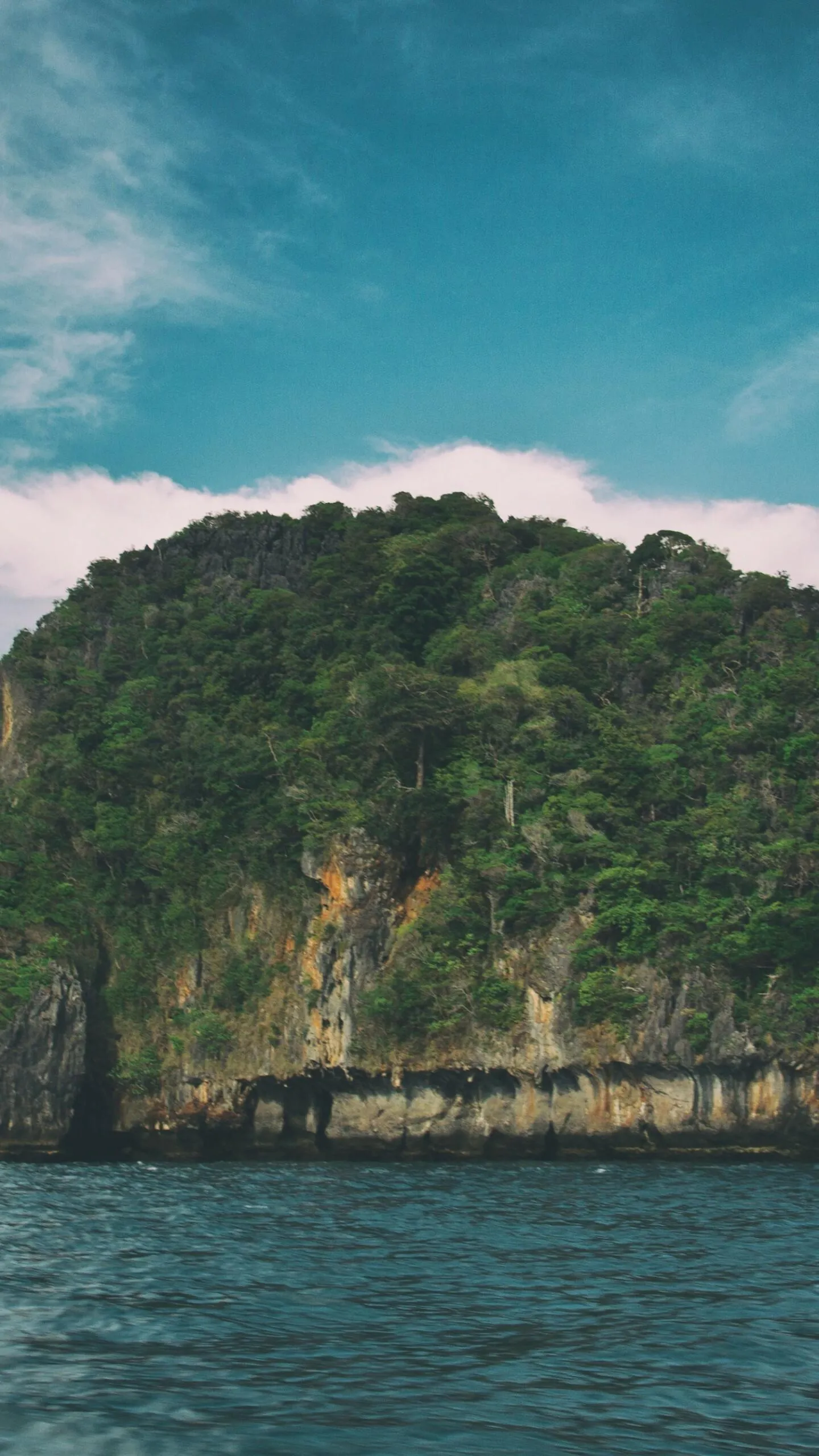Green Forest Covered Island Beside a Peaceful Blue Ocean