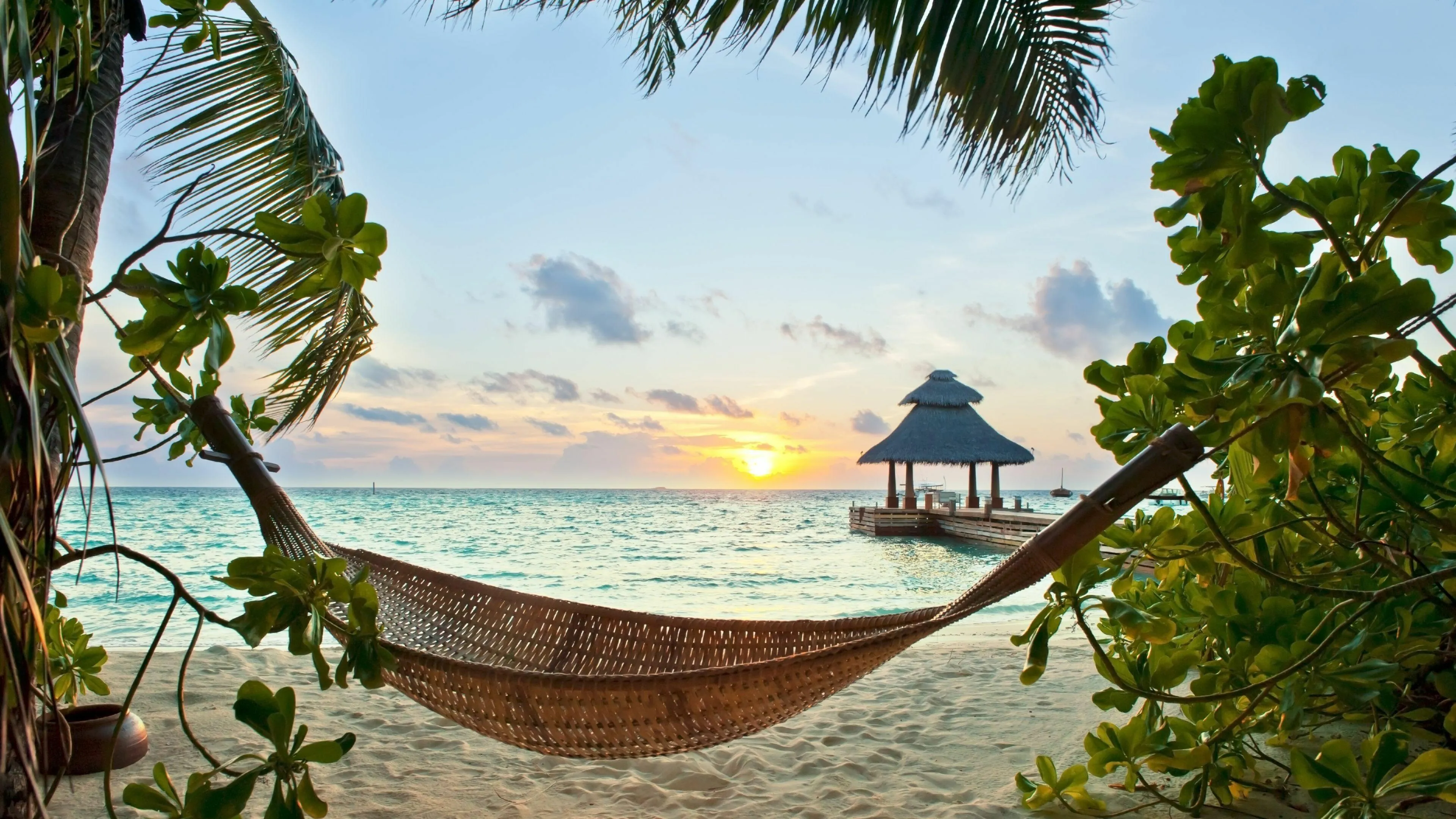 Hammock Facing Sunset over a Calm Beach with Palm Trees