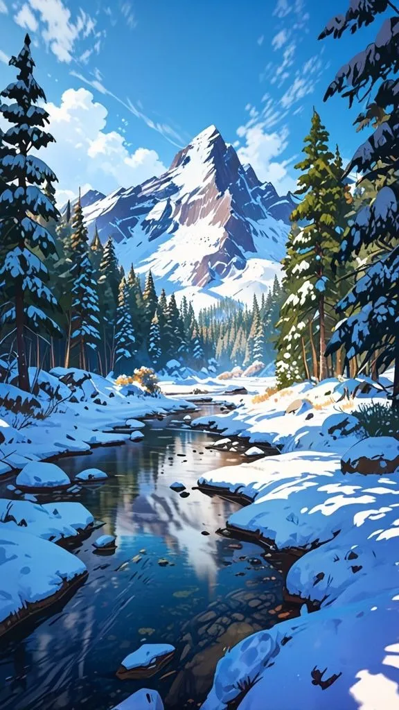 HD Artwork of stylized snowy mountain with pine forest free