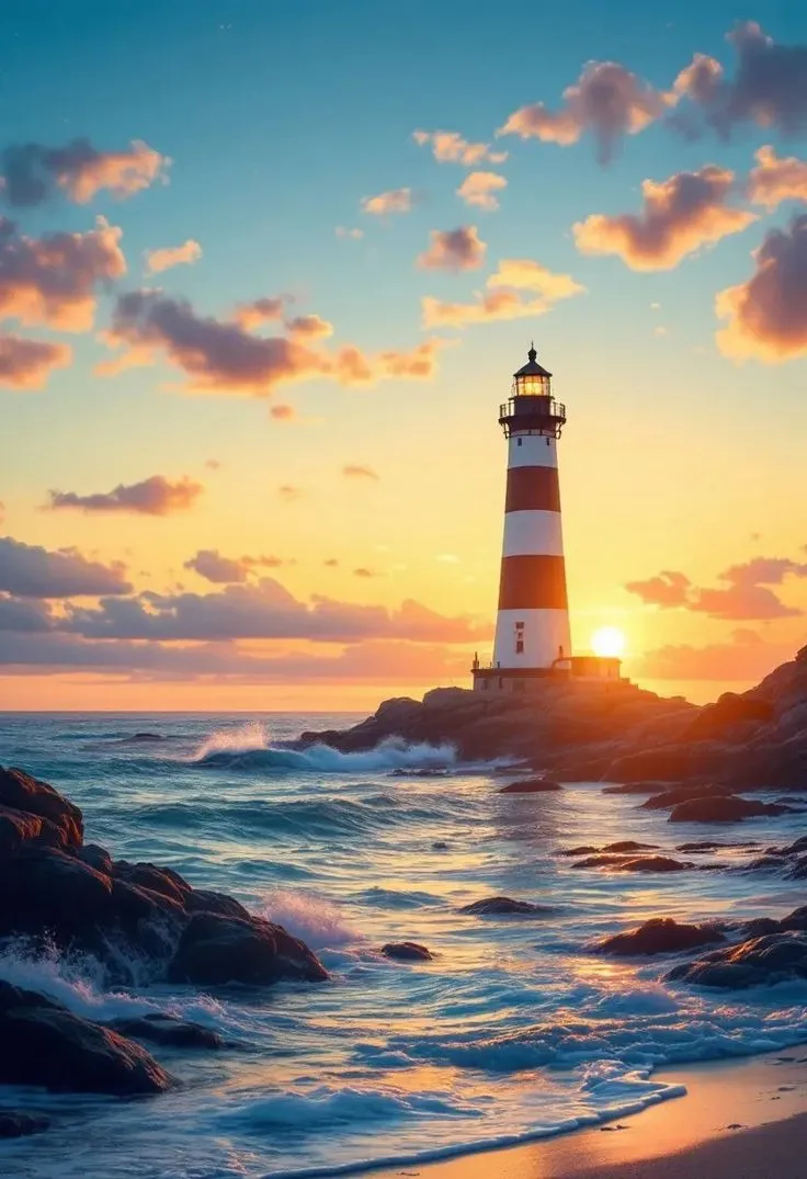 Historic lighthouse view at sunset on rocky shore wallpaper
