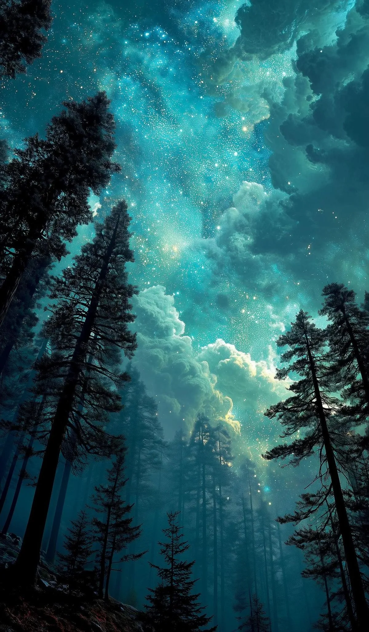 Looking Up Through Tall Forest Trees Toward Blue Sky