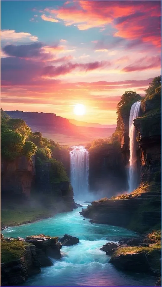 Majestic Waterfall and Mountain at Sunrise HD wallpaper