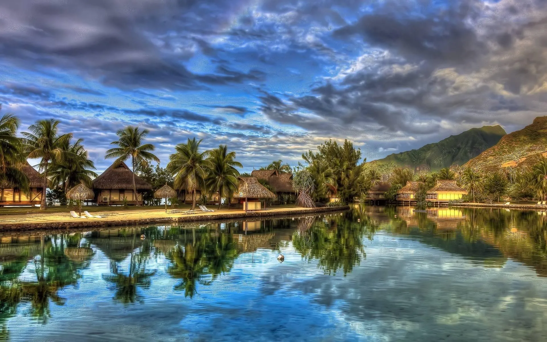 Palm Trees Reflecting in Water with Hills in the Distance