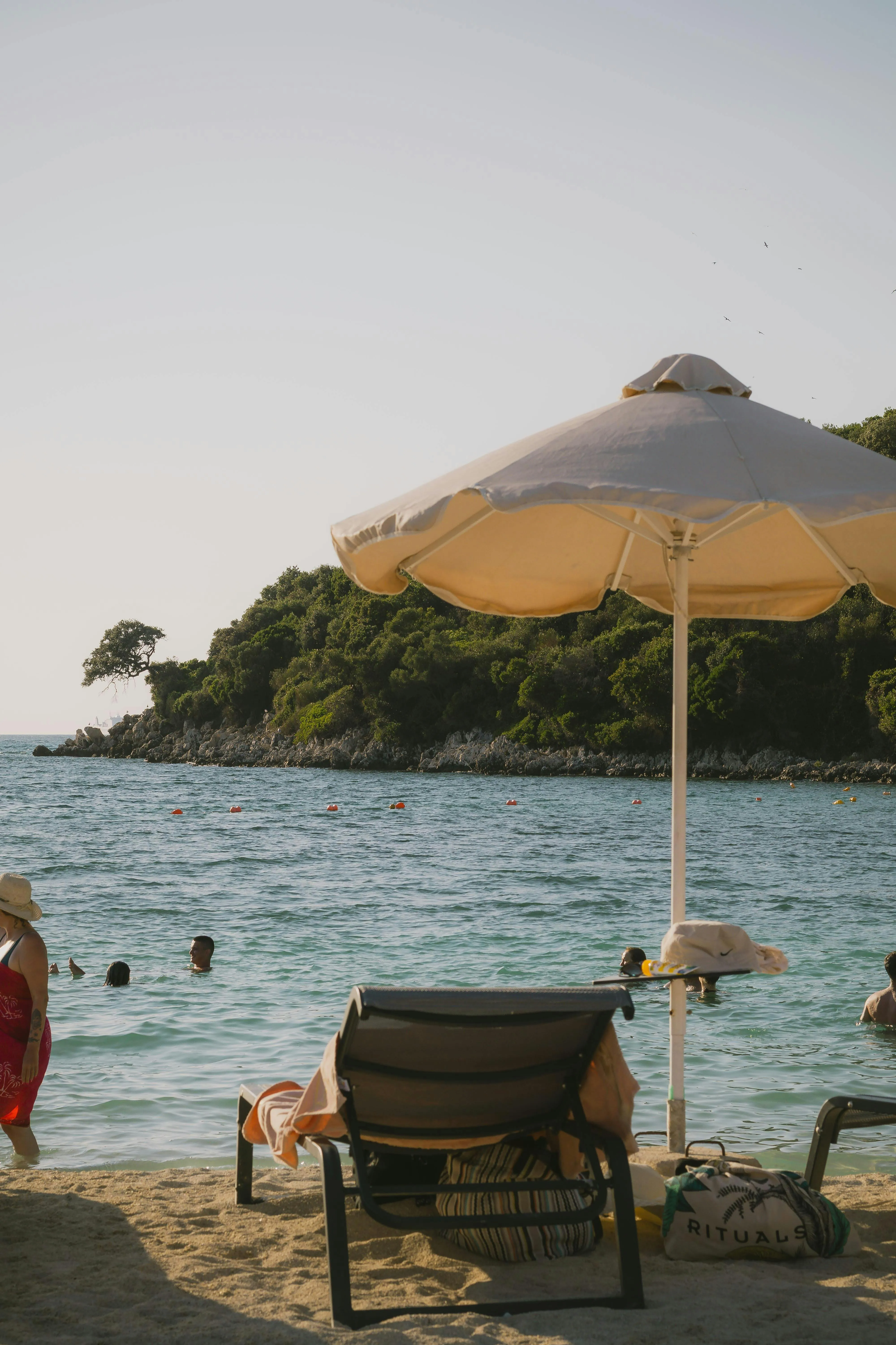 Peaceful Sunbeds Facing the Ocean Under Umbrellas Wallpaper
