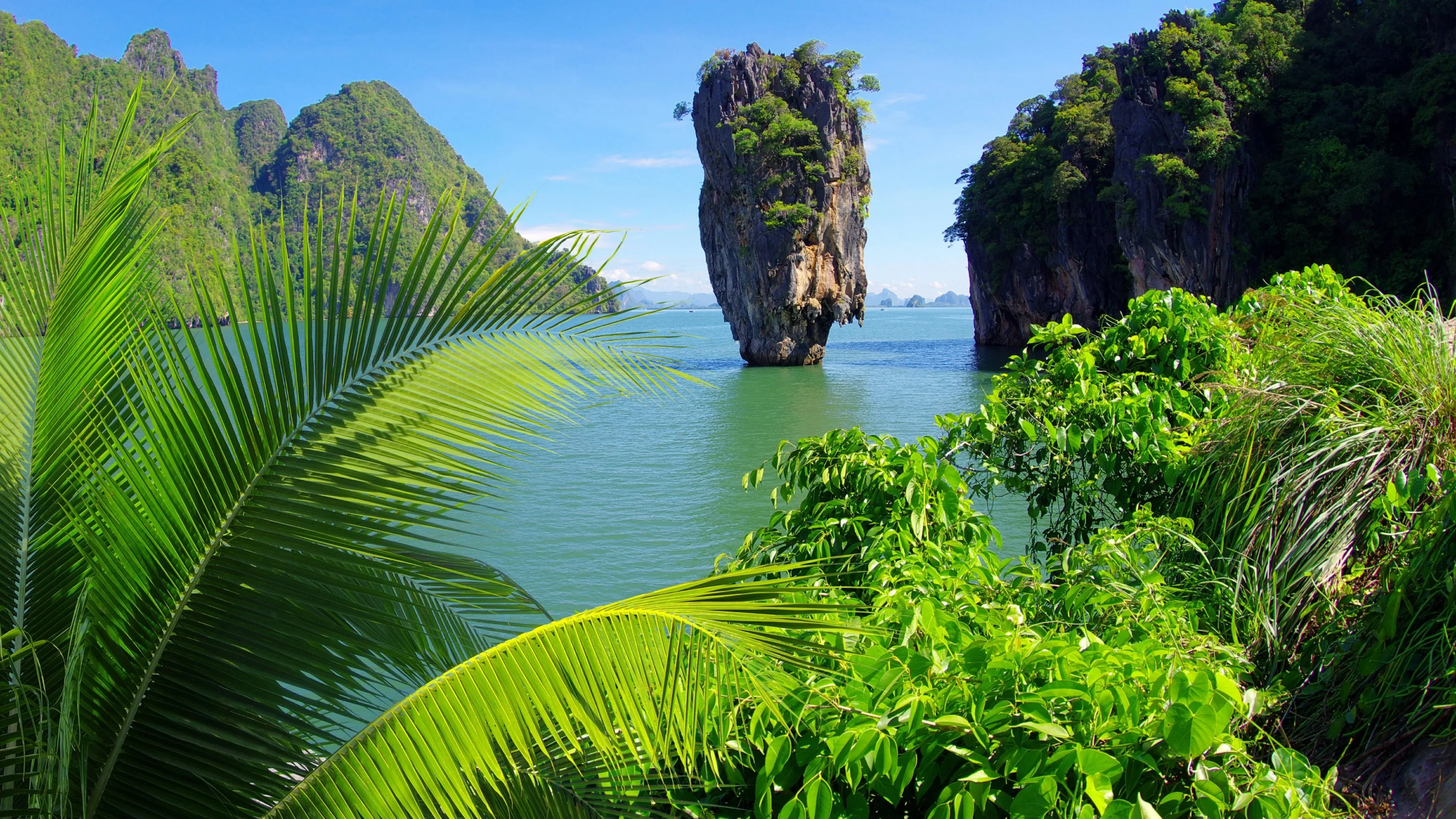 Scenic Tropical View with Cliffs and Lush Green Trees