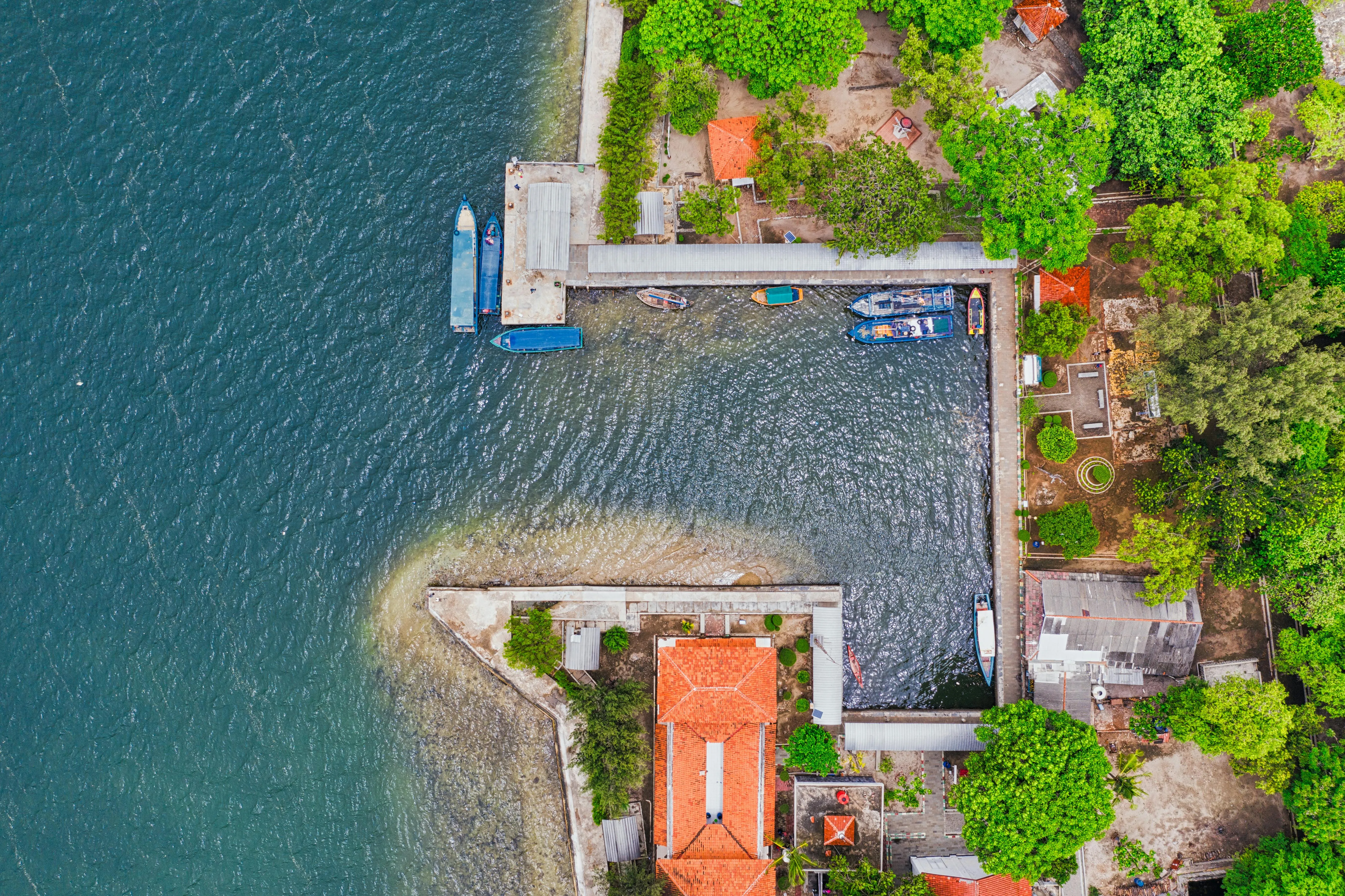 Seaside Villa with Lush Green Trees and Vibrant Rooftops