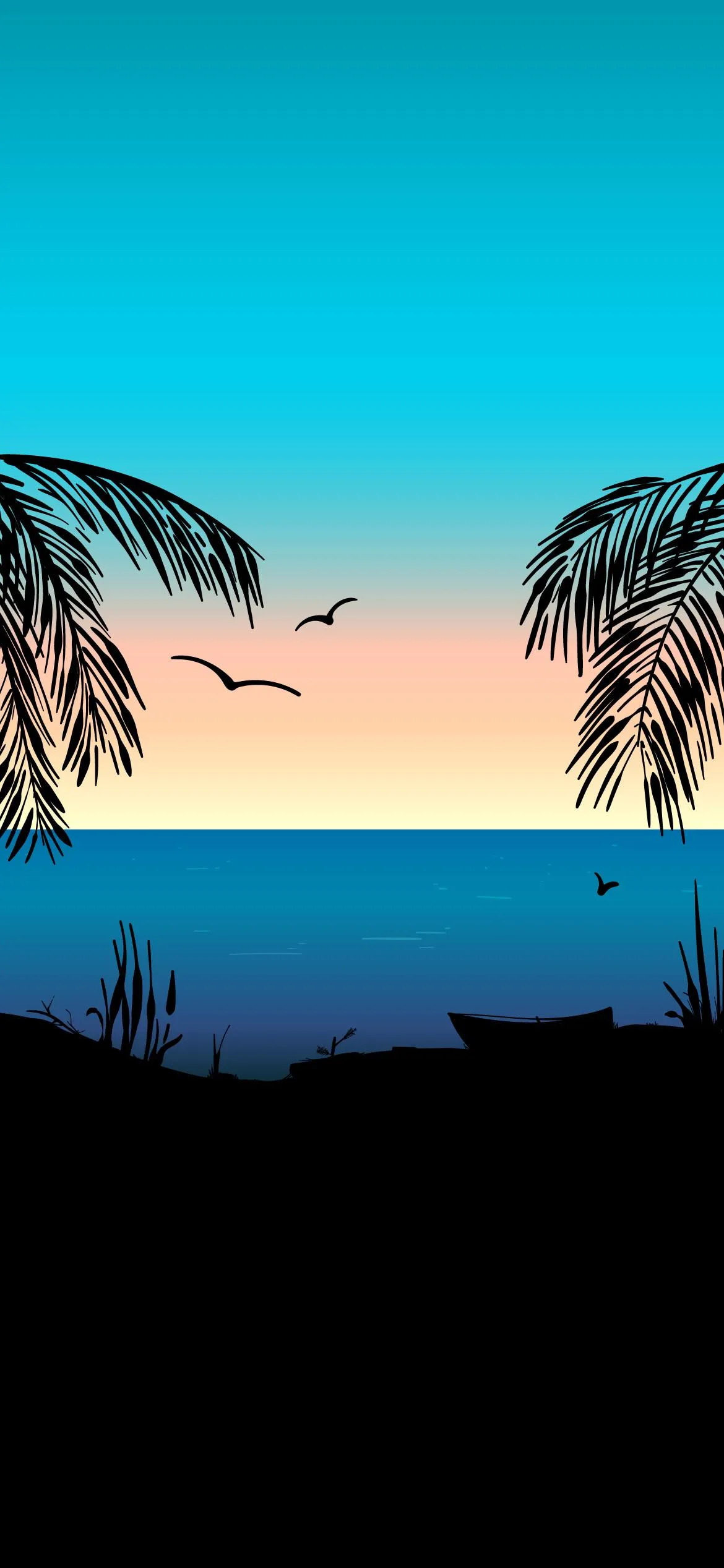 Silhouetted Boat Sailing into Sunset Under Palm Branches