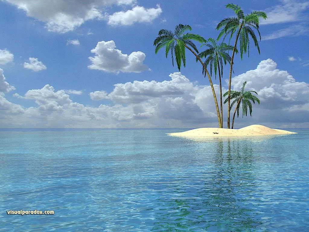 Small Island with Three Palm Trees in Calm Blue Water
