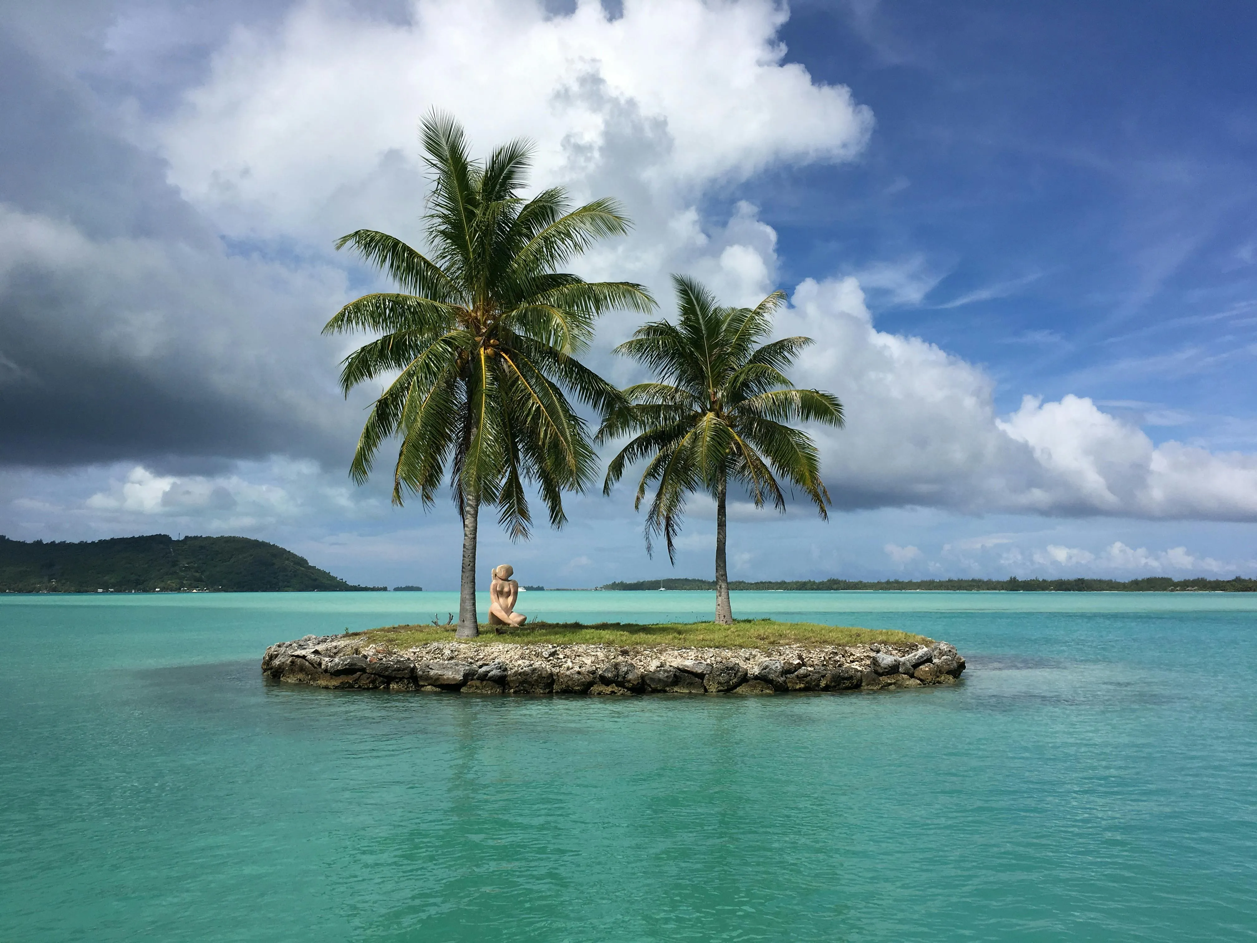 Small Island with Two Coconut Trees in Calm Water Wallpaper