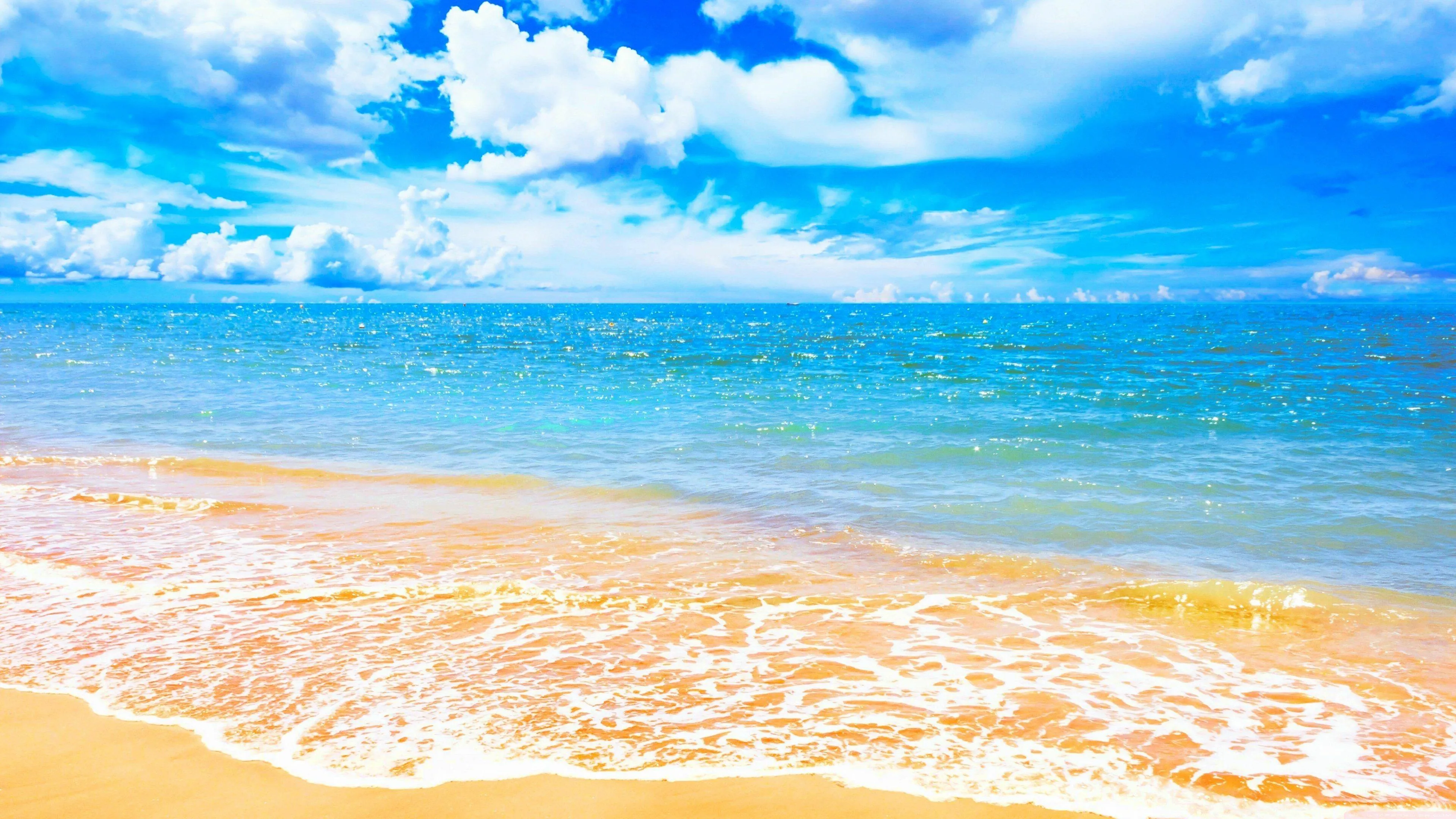 Sunny Beach Day with Clear Waves and Blue Sky Free Wallpaper