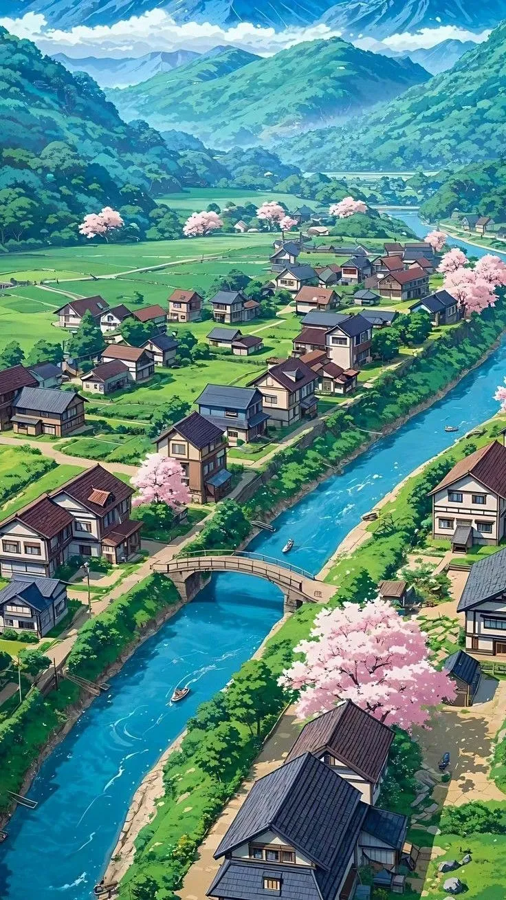 A tiny village covered with green hills with white clouds