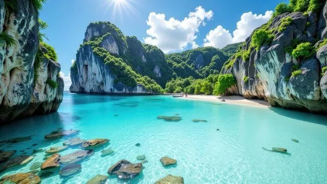 Tropical view of aerial Beach and Green Mountains HD