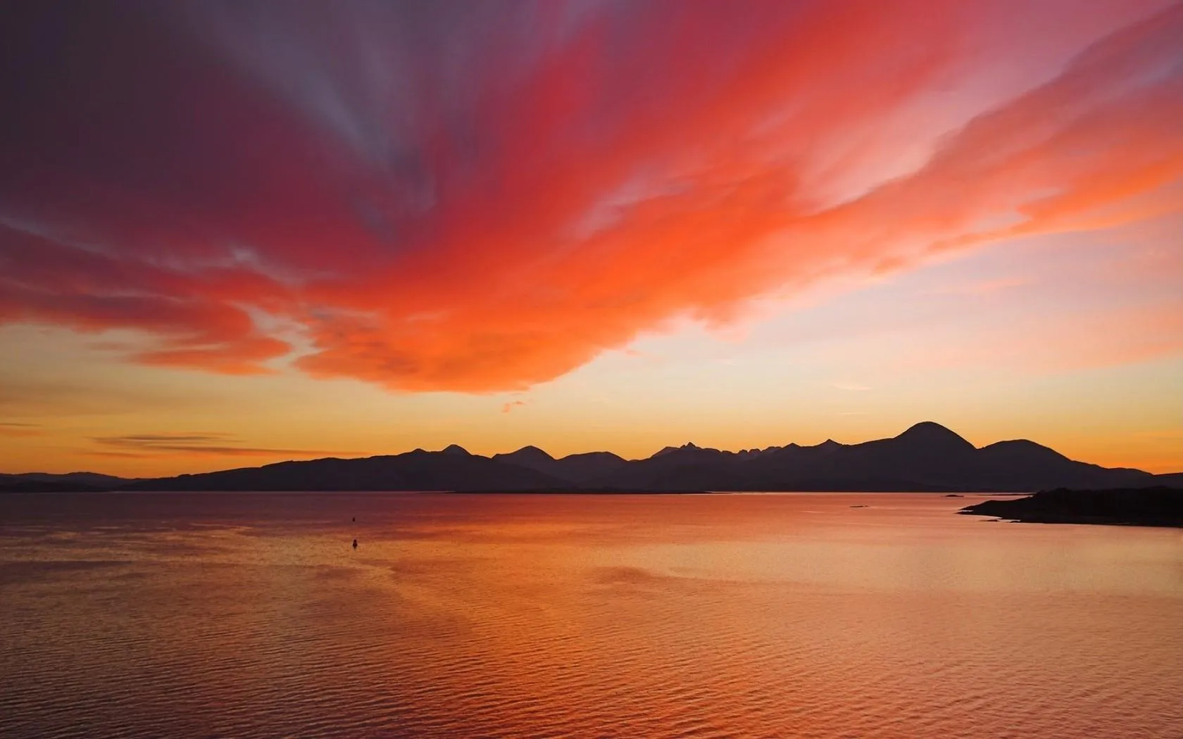Vibrant Orange Sunset over Calm Ocean and Distant Mountains
