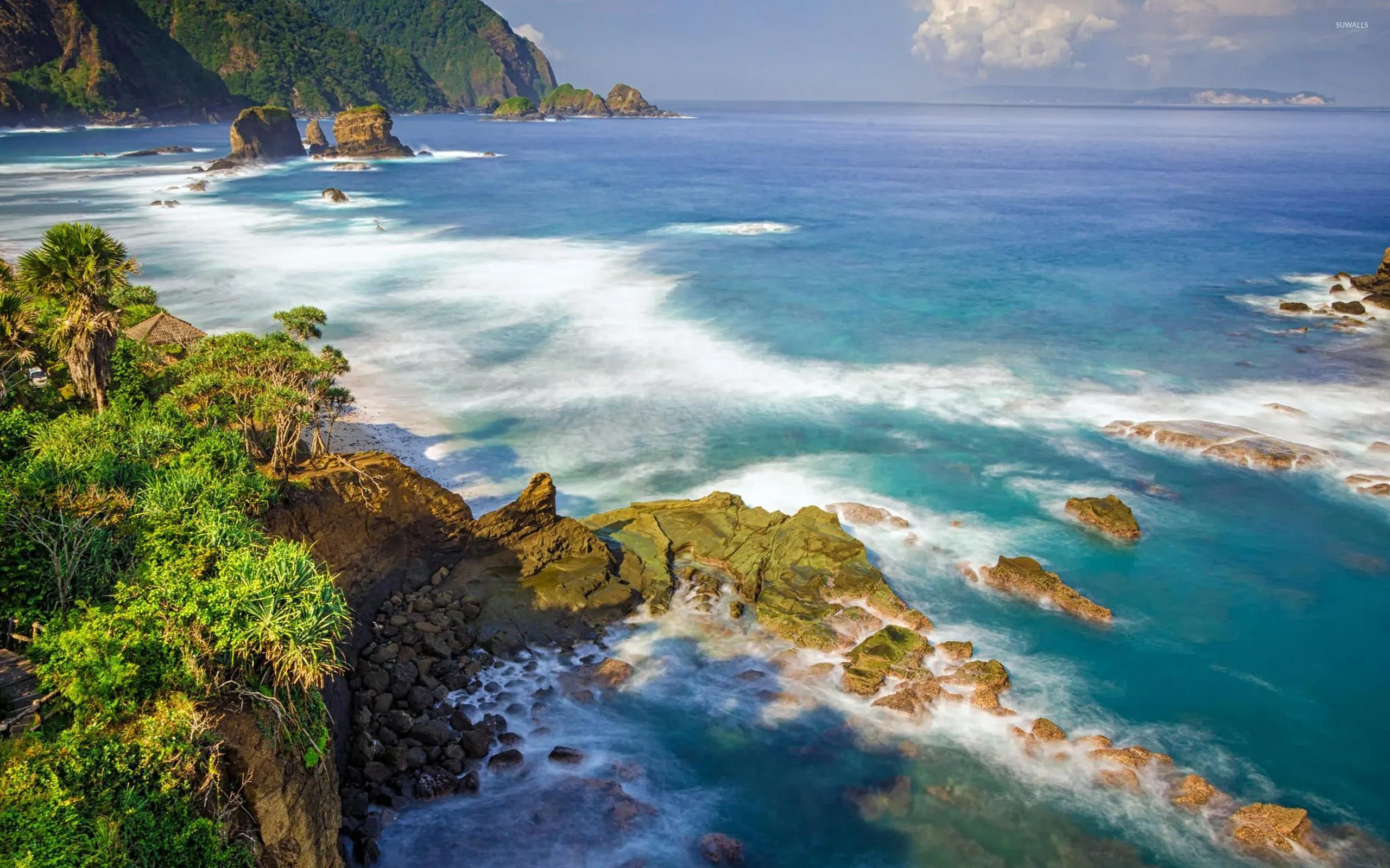 Waves Crashing on Rocky Cliffs with Trees and Greenery