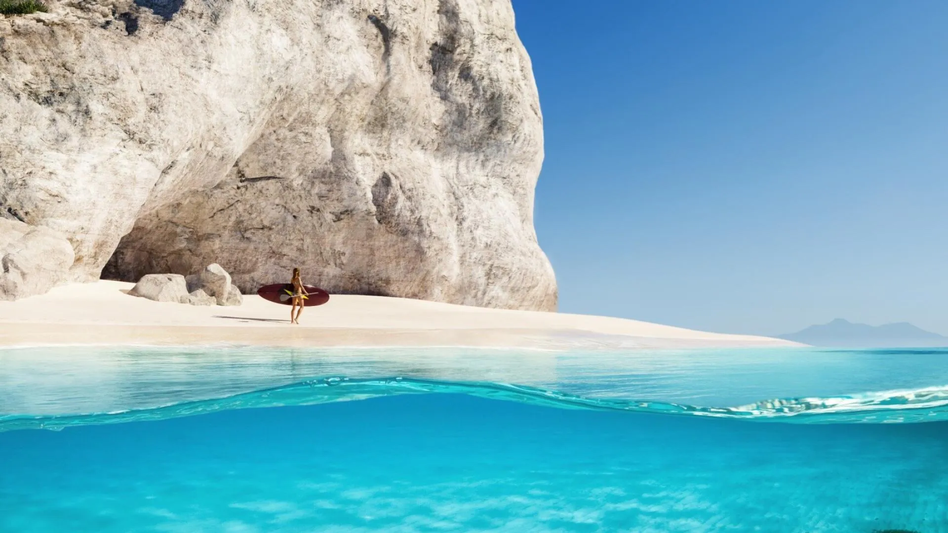 White Sandy Beach and Bright Cliffs Beside the Blue Ocean
