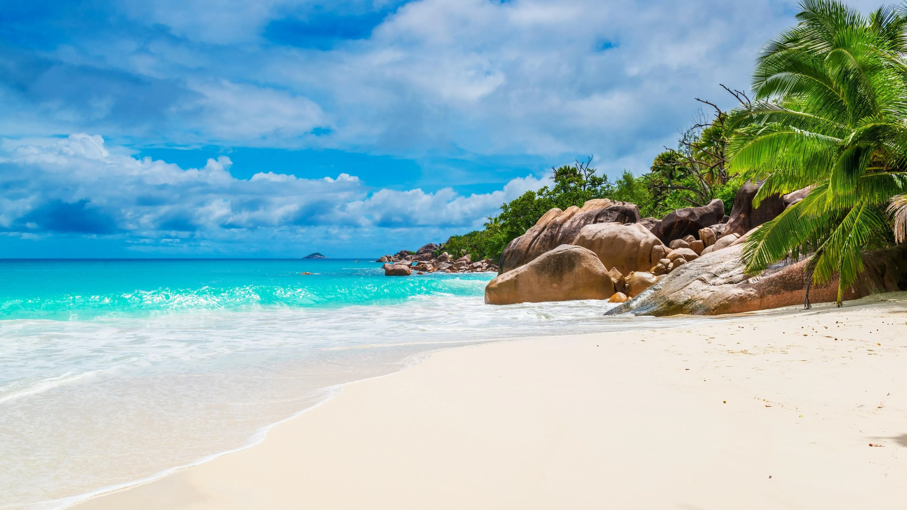 White Sandy Beach with Large Boulders and Green Trees