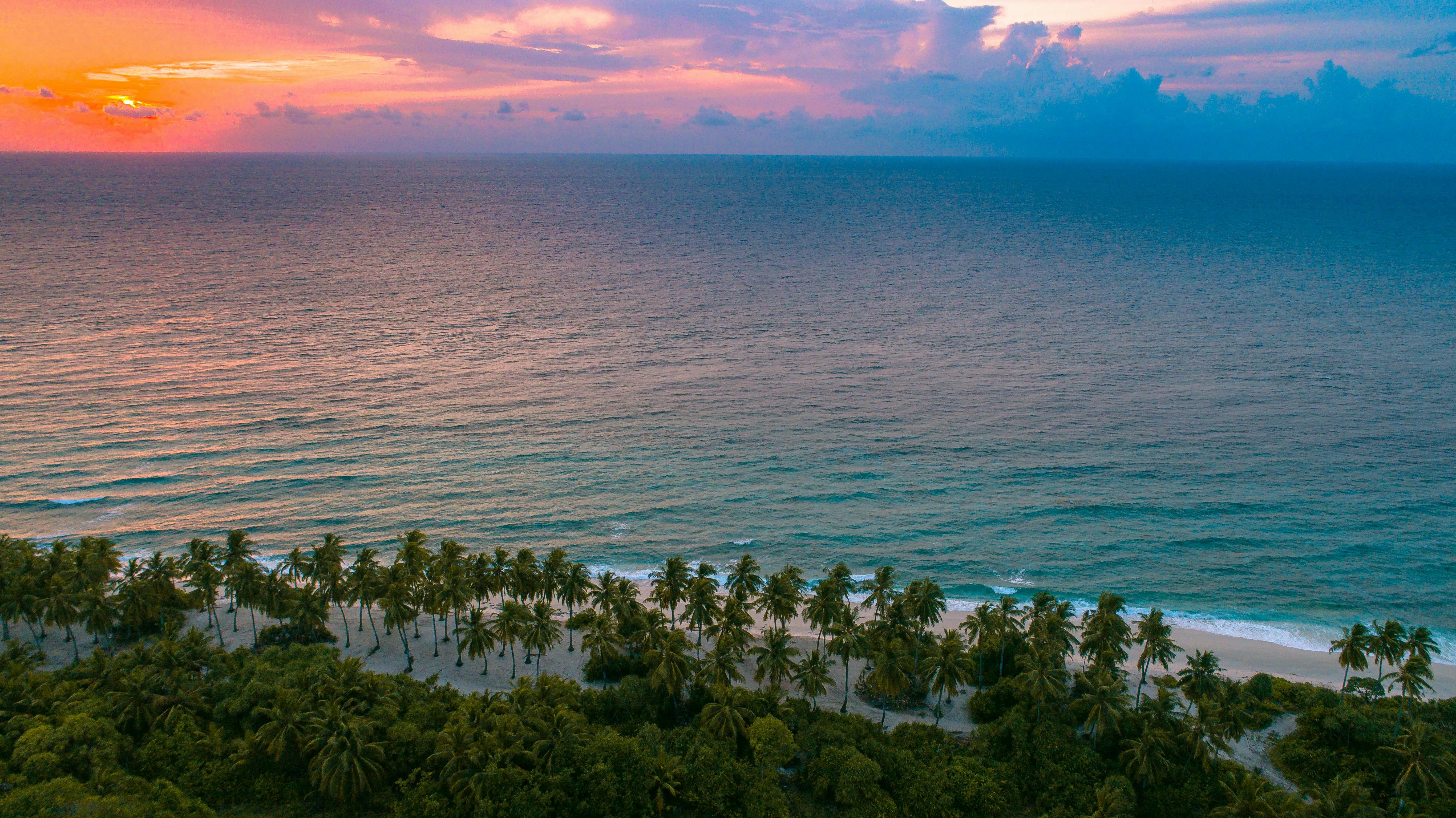 Wide View of the Ocean Horizon During a Golden Sunset Sky