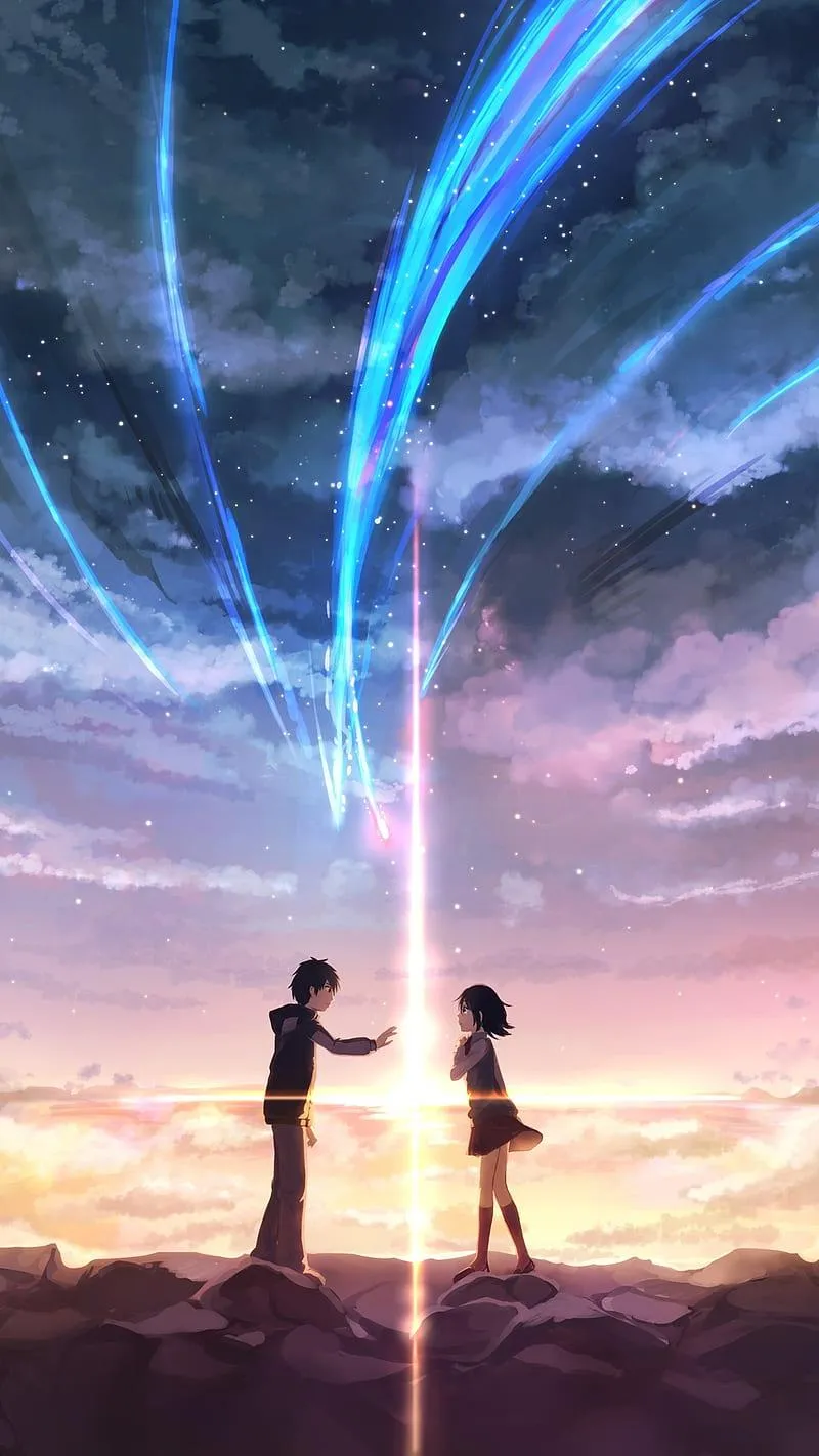 Anime Couple United Under Beautiful Cosmic Lights Wallpaper