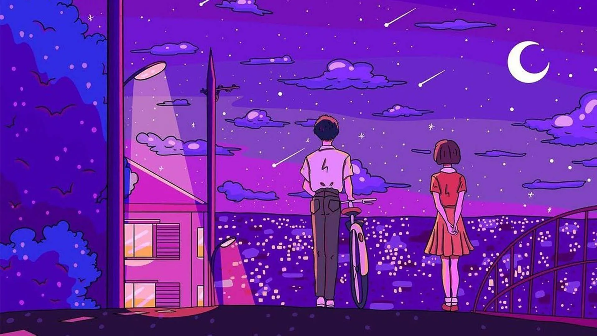 Anime Couple Walking Under a Purple Night Sky Wallpaper