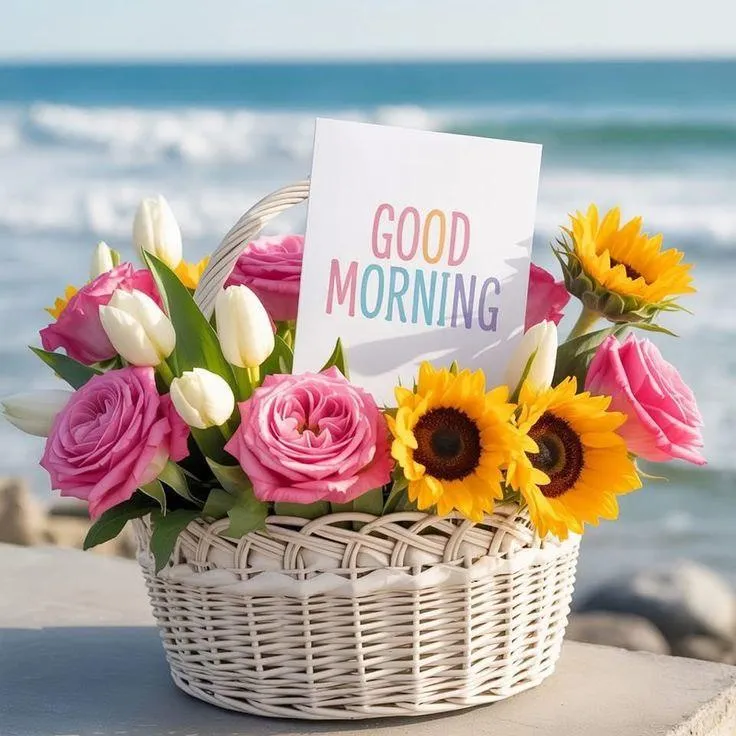 Basket of Flowers and Mug for a Cheerful Morning Wallpaper