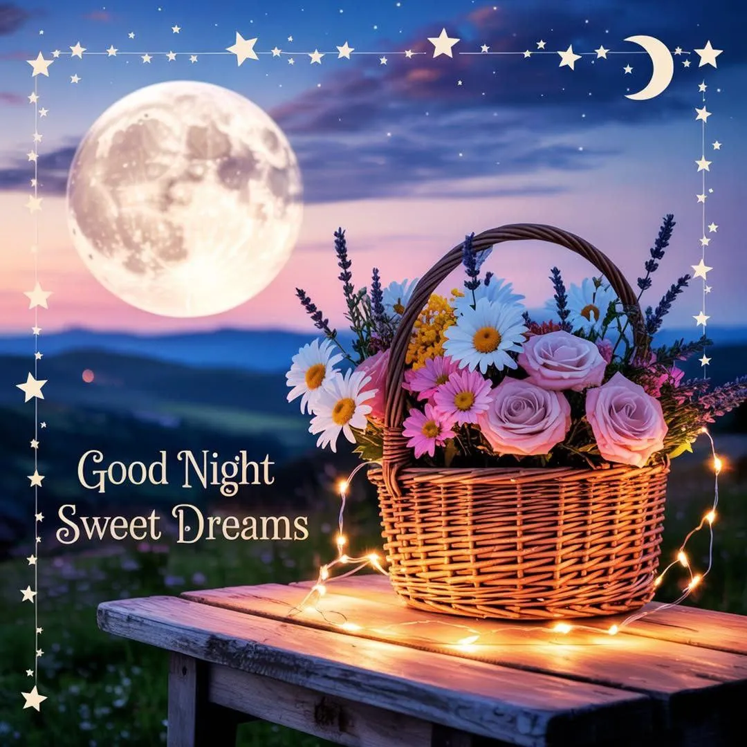 Basket of Flowers Under Full Moon with Good Night Wallpaper