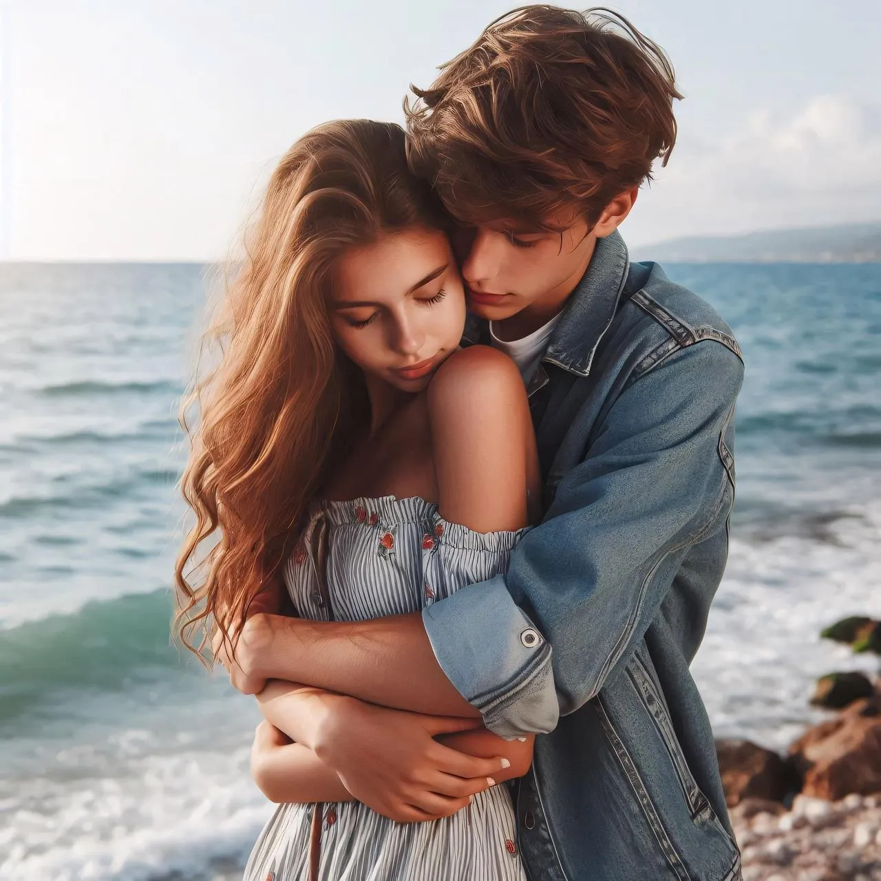 Beautiful Couple Embracing on Beach During Sunset Moment