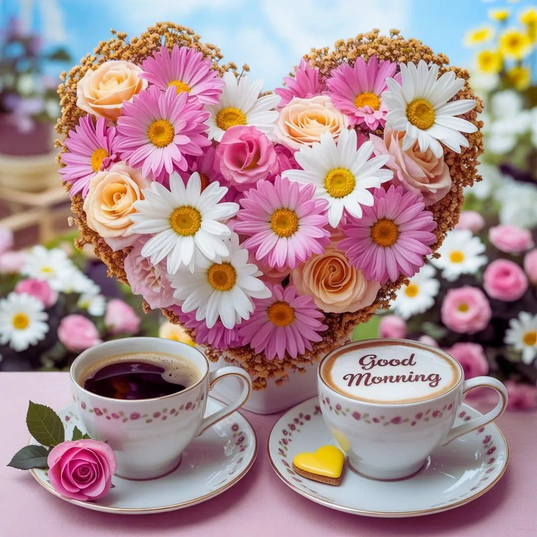 Beautiful Heart of Flowers and Good Morning Coffee