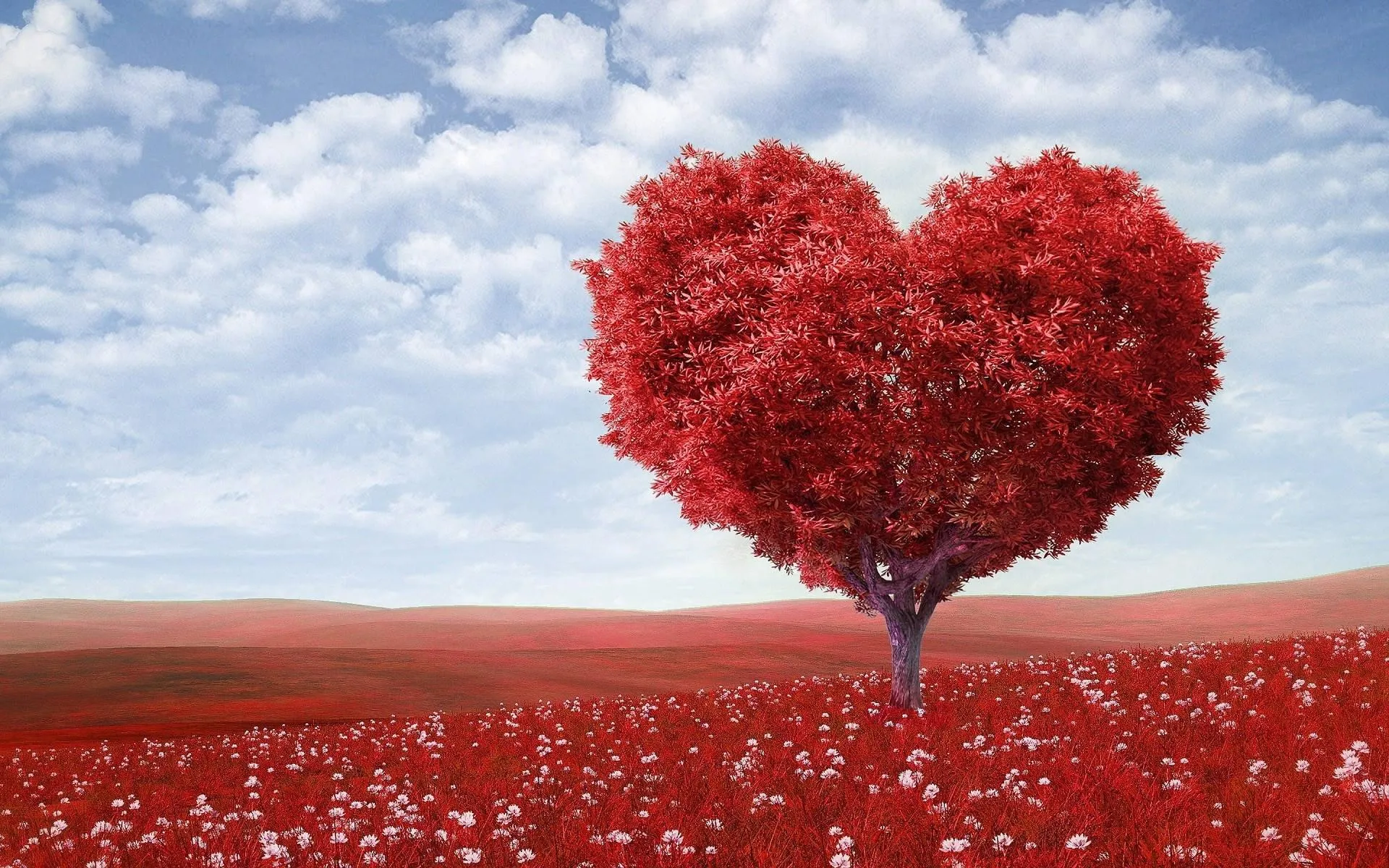 Beautiful Red Heart Tree Standing in a Field of Affection