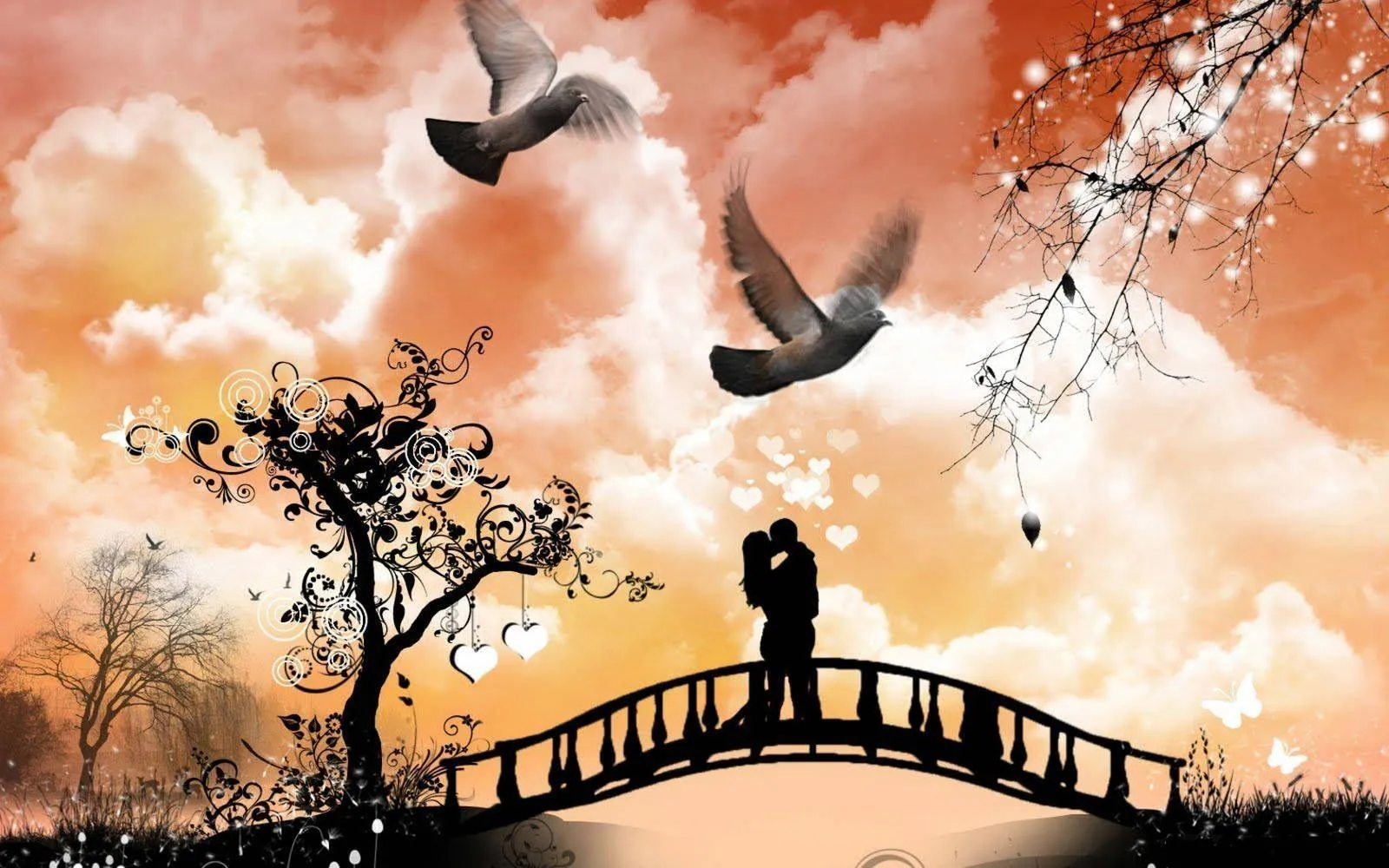 Birds Flying Over Couple Bridge in Sunset Light Wallpaper