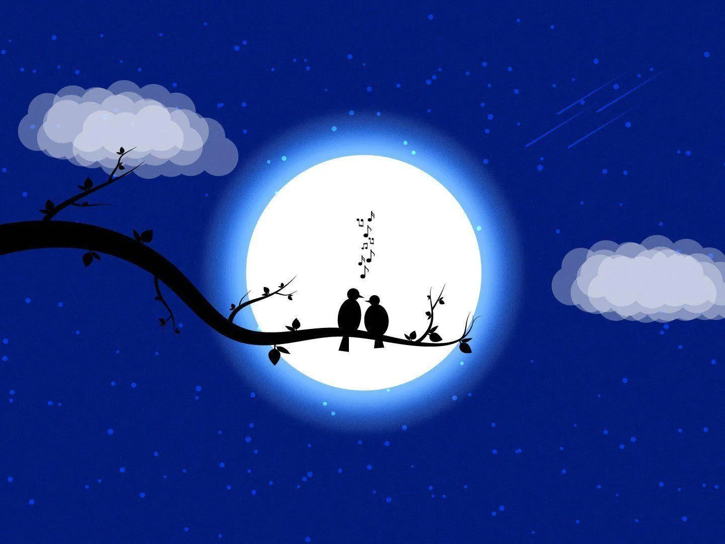 Birds Sitting on Branch Under Glowing Moonlight Wallpaper