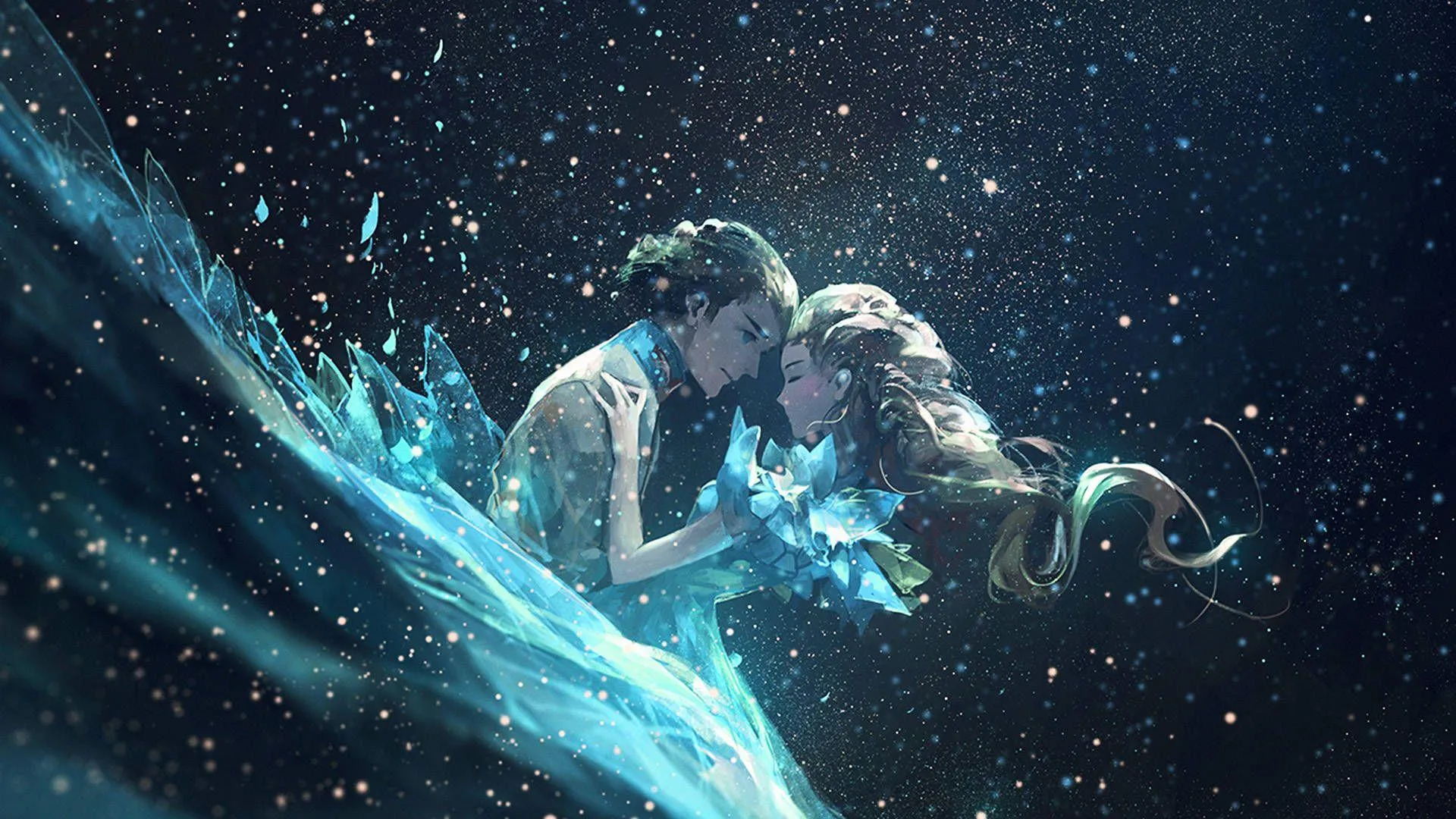 Blue Abstract Anime Couple Energy Shaping Symbol of Love