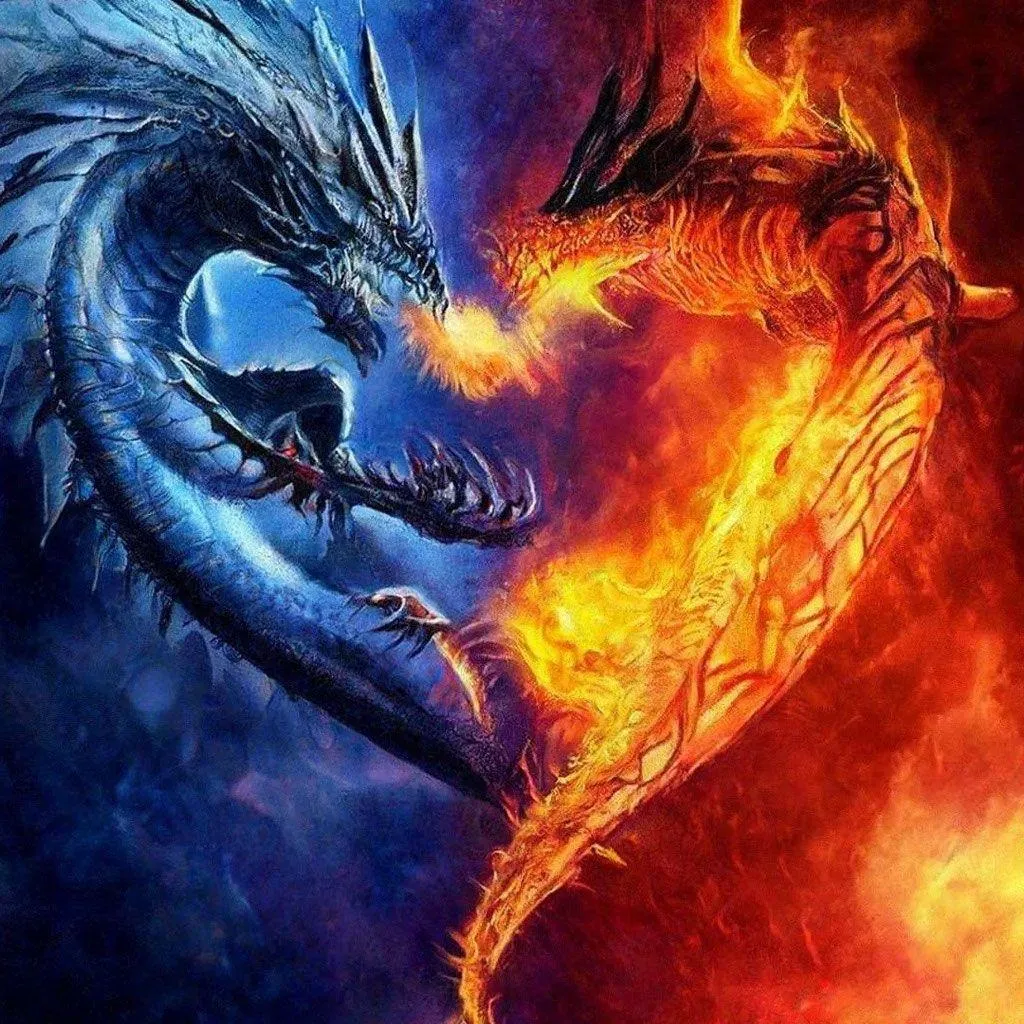 Blue and Orange Fire Dragons in Fantasy Scene Wallpaper