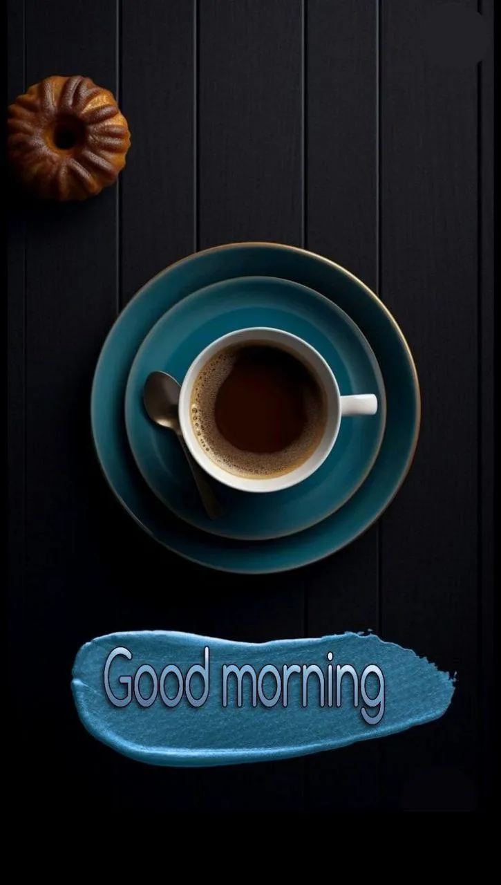 Blue Coffee Cup on Wooden Surface with Morning Greetings