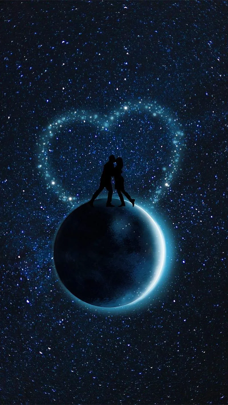 Blue Glowing Heart Floating with Couple in Cosmic Darkness
