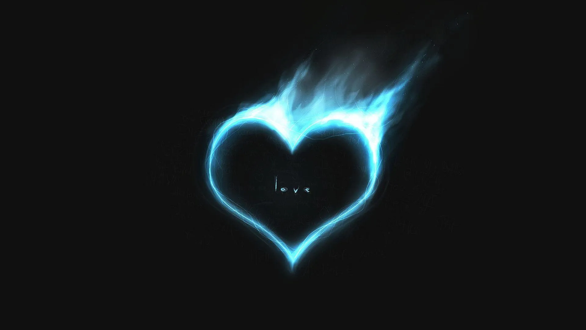 Blue Glowing Heart with Love Text in Dark Design Wallpaper